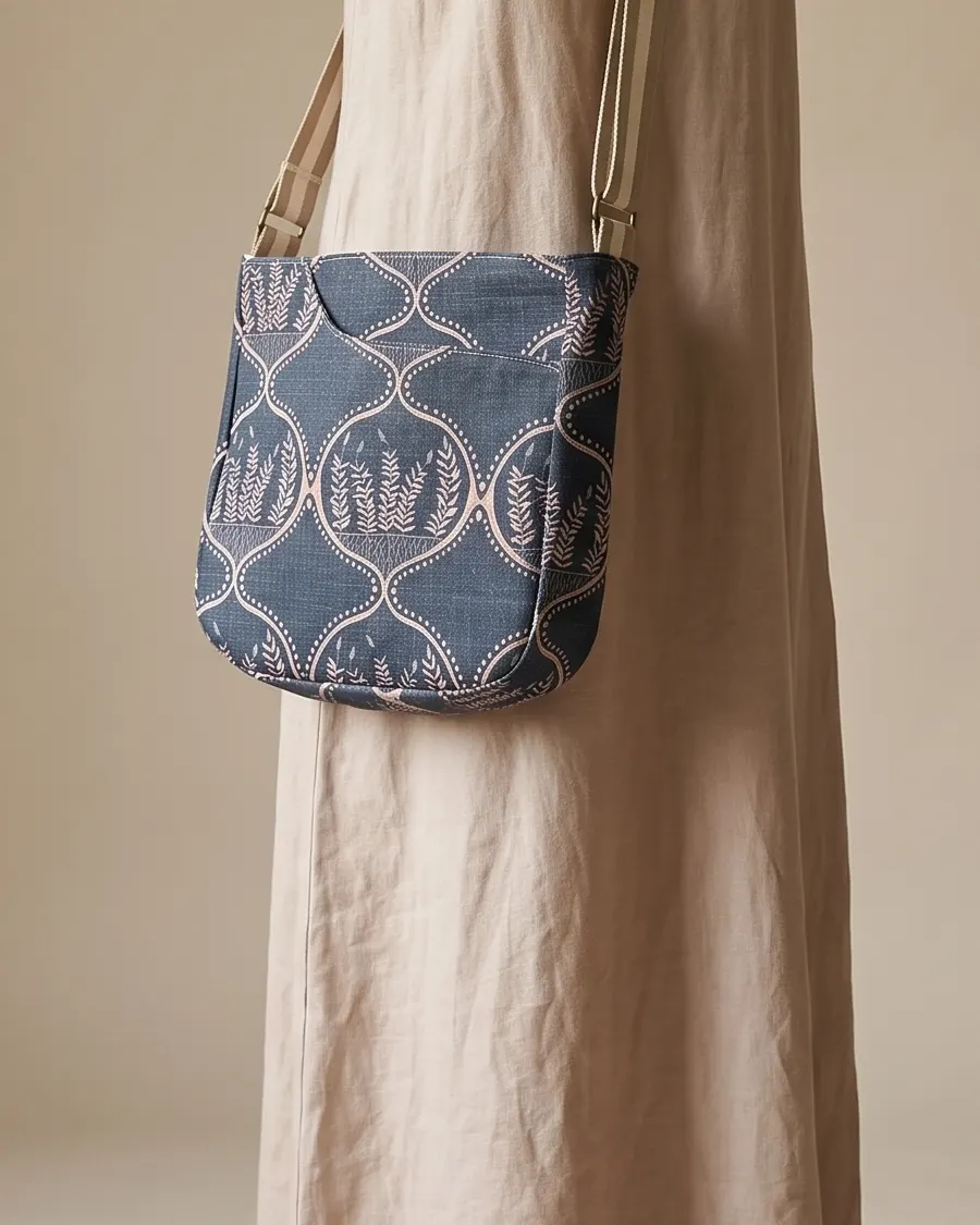 CrossBody Handbag - Navy Cream Fern worn crossbody on a display form