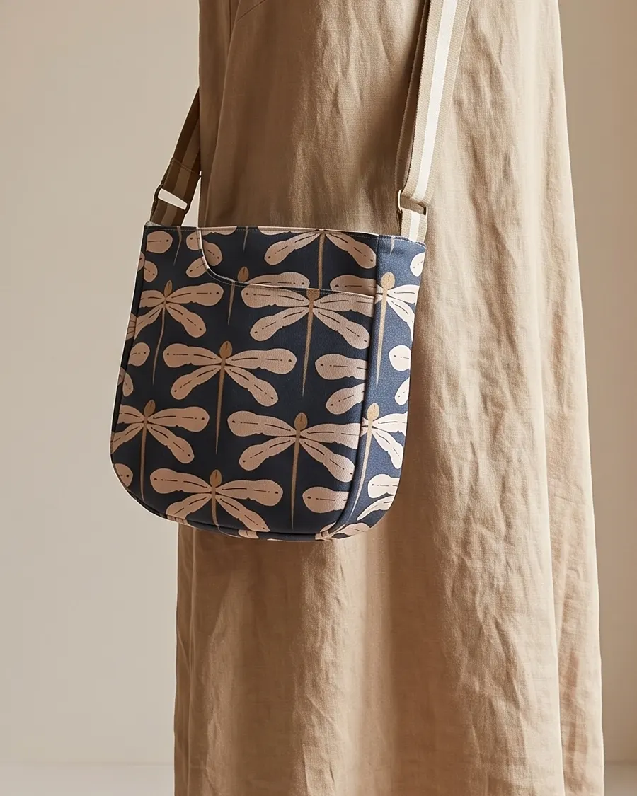 CrossBody Handbag - Navy Dragonfly worn crossbody on a display form