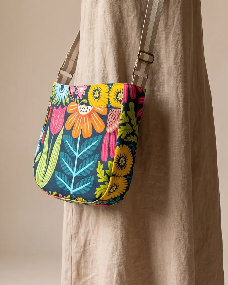 CrossBody Handbag - Navy Bold Floral worn crossbody on a display form