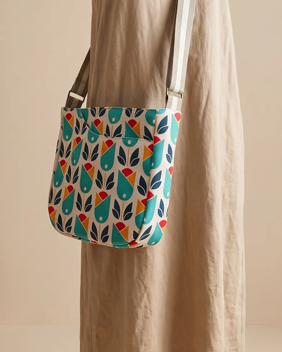 CrossBody Handbag - White Mid Mod Tulip worn crossbody on a display form
