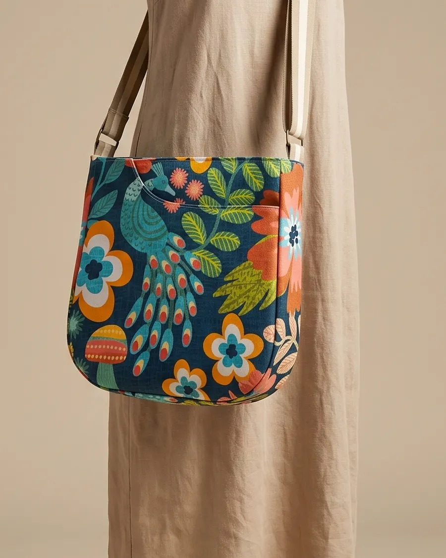 CrossBody Handbag - Teal Navy Peacock Floral worn crossbody on a display form