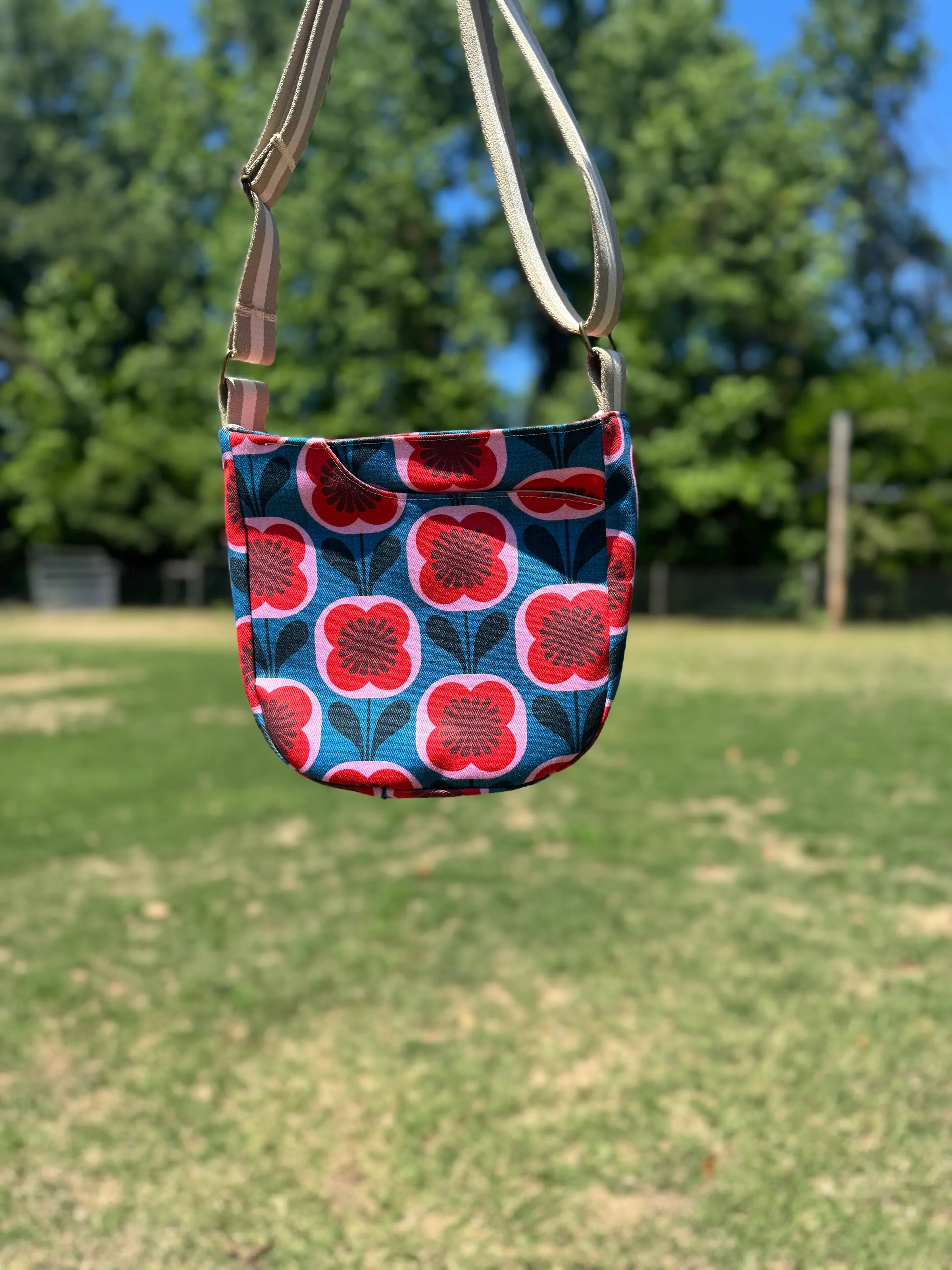 Cross Body Mini Tote - Red Mid Mod Floral — handmade canvas bag, cut and sewn by hand in South Carolina