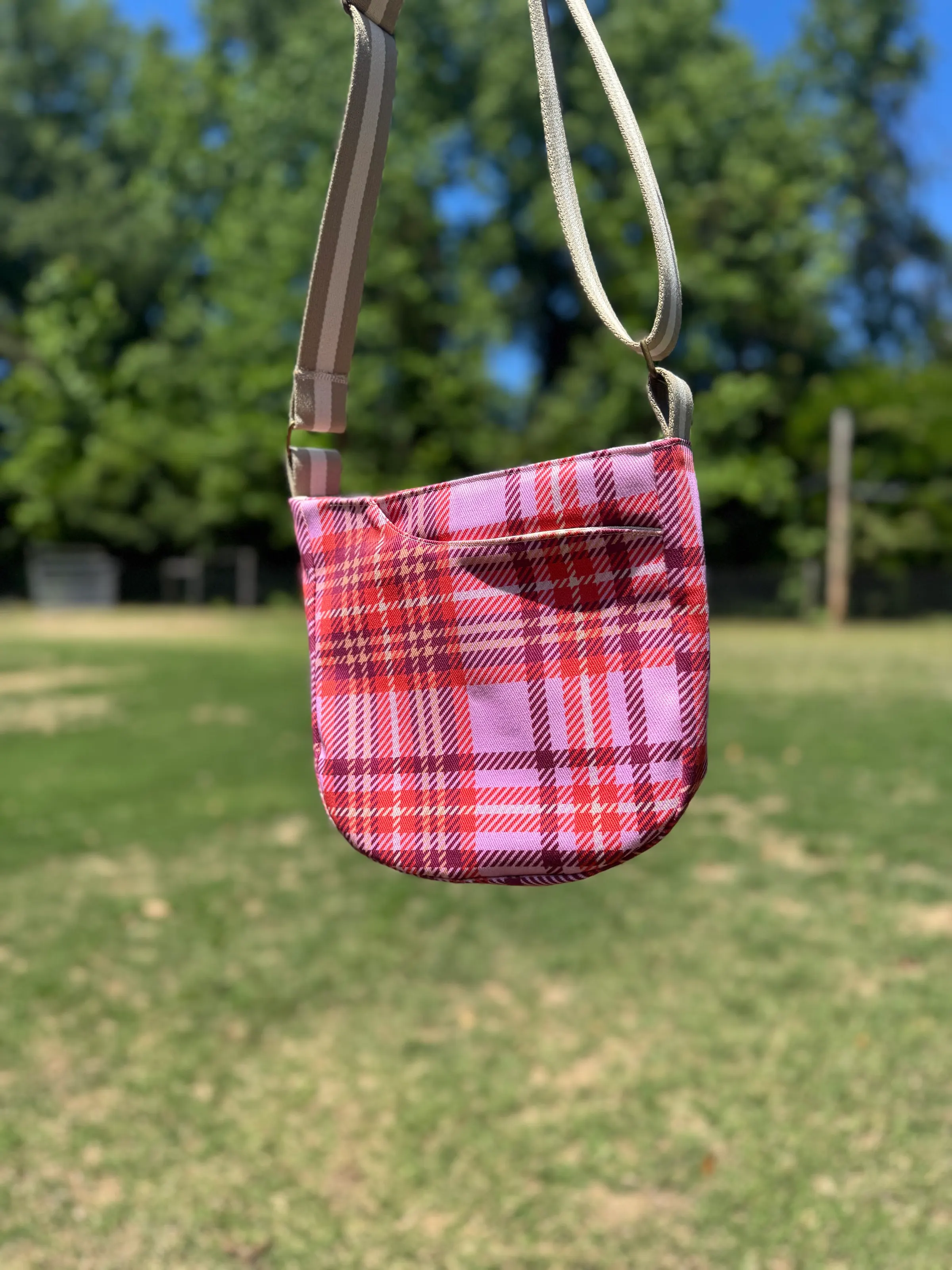 Cross Body Mini Tote - Pink Plaid — handmade canvas bag, cut and sewn by hand in South Carolina