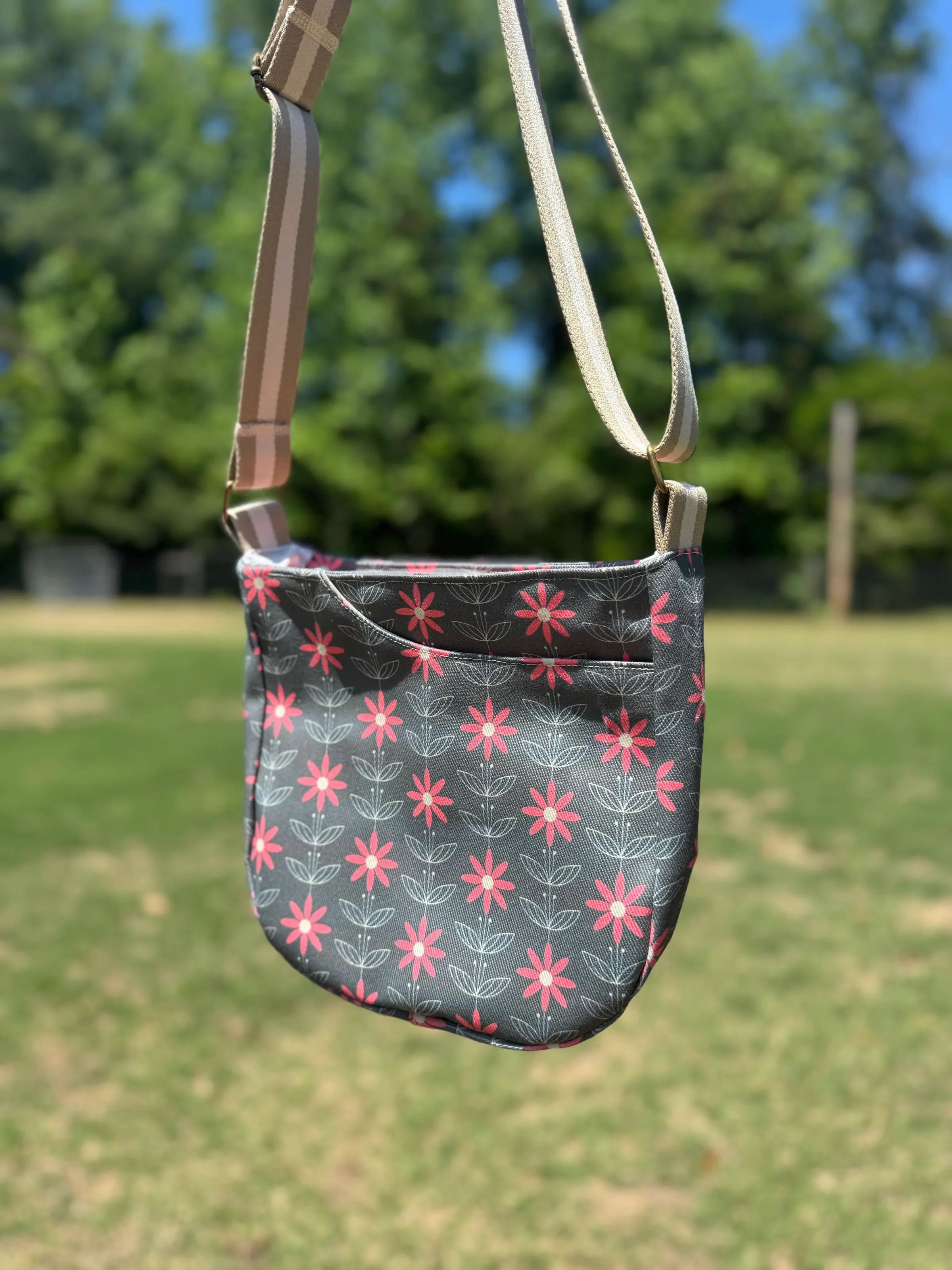 Cross Body Mini Tote - Pink Grey Floral — handmade canvas bag, cut and sewn by hand in South Carolina