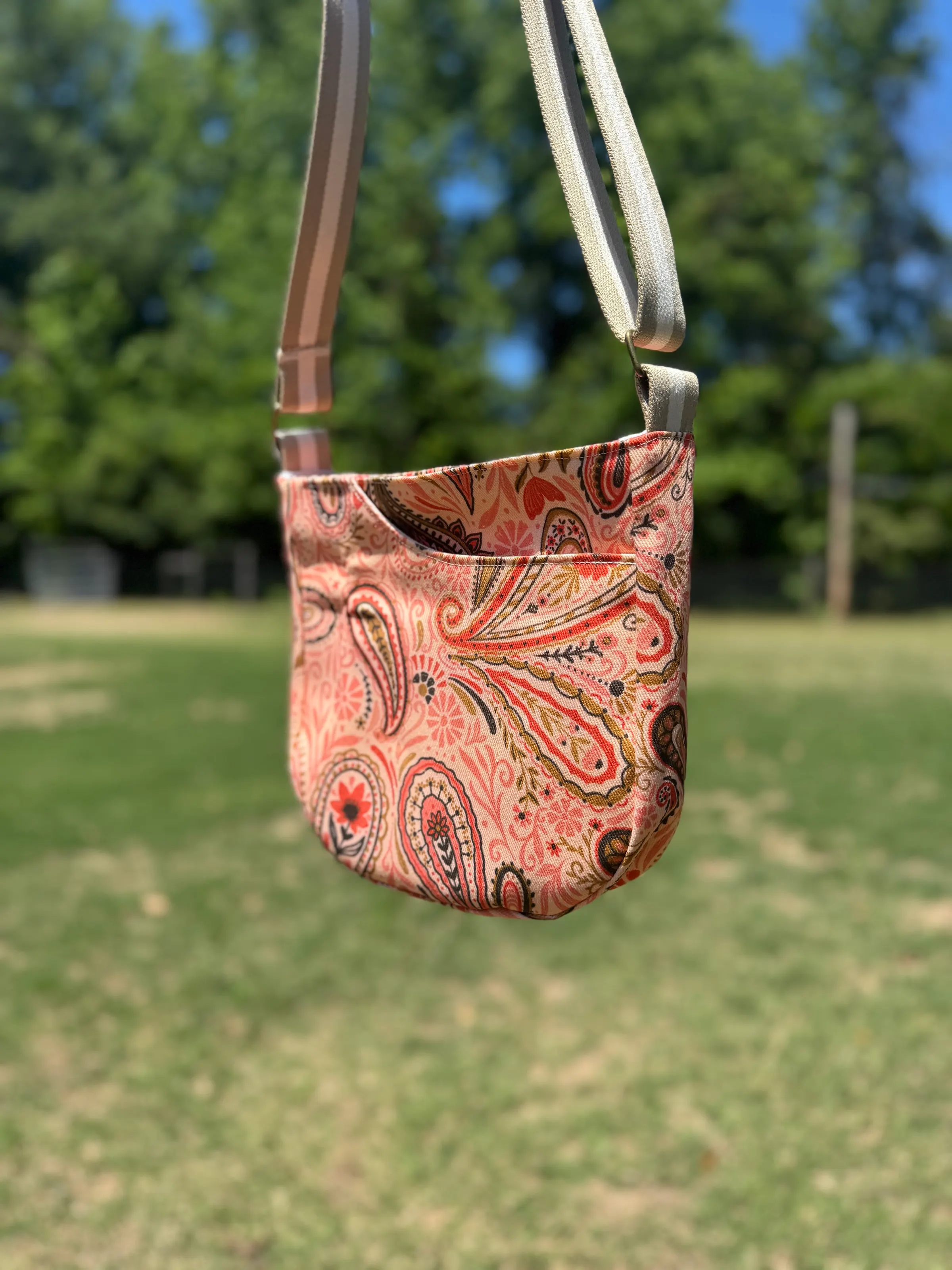 Cross Body Mini Tote - Pink Paisley — handmade canvas bag, cut and sewn by hand in South Carolina
