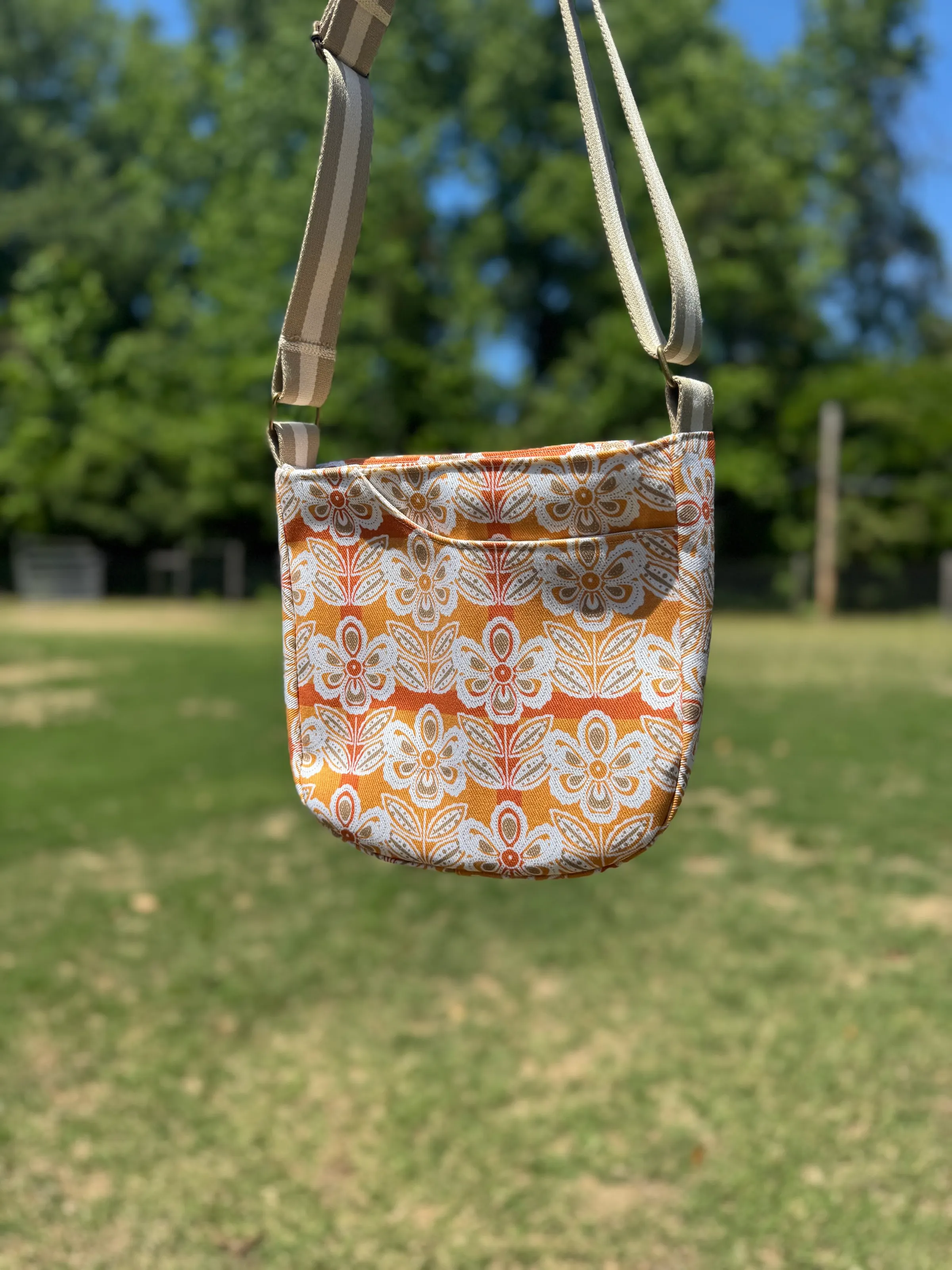 Cross Body Mini Tote - White Orange Vintage Floral — handmade canvas bag, cut and sewn by hand in South Carolina