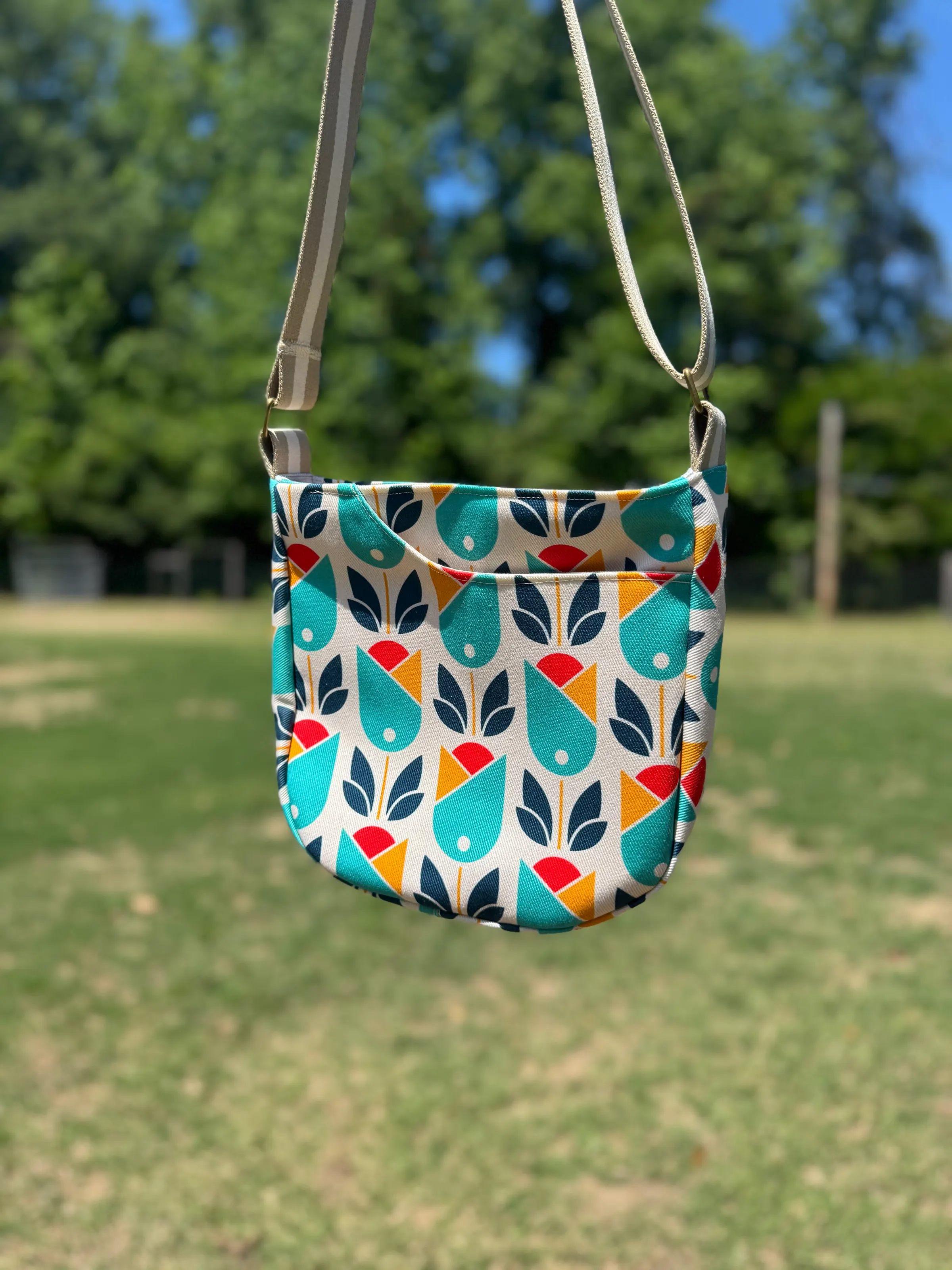 Cross Body Mini Tote - Cream Mid Mod Tulip — handmade canvas bag, cut and sewn by hand in South Carolina