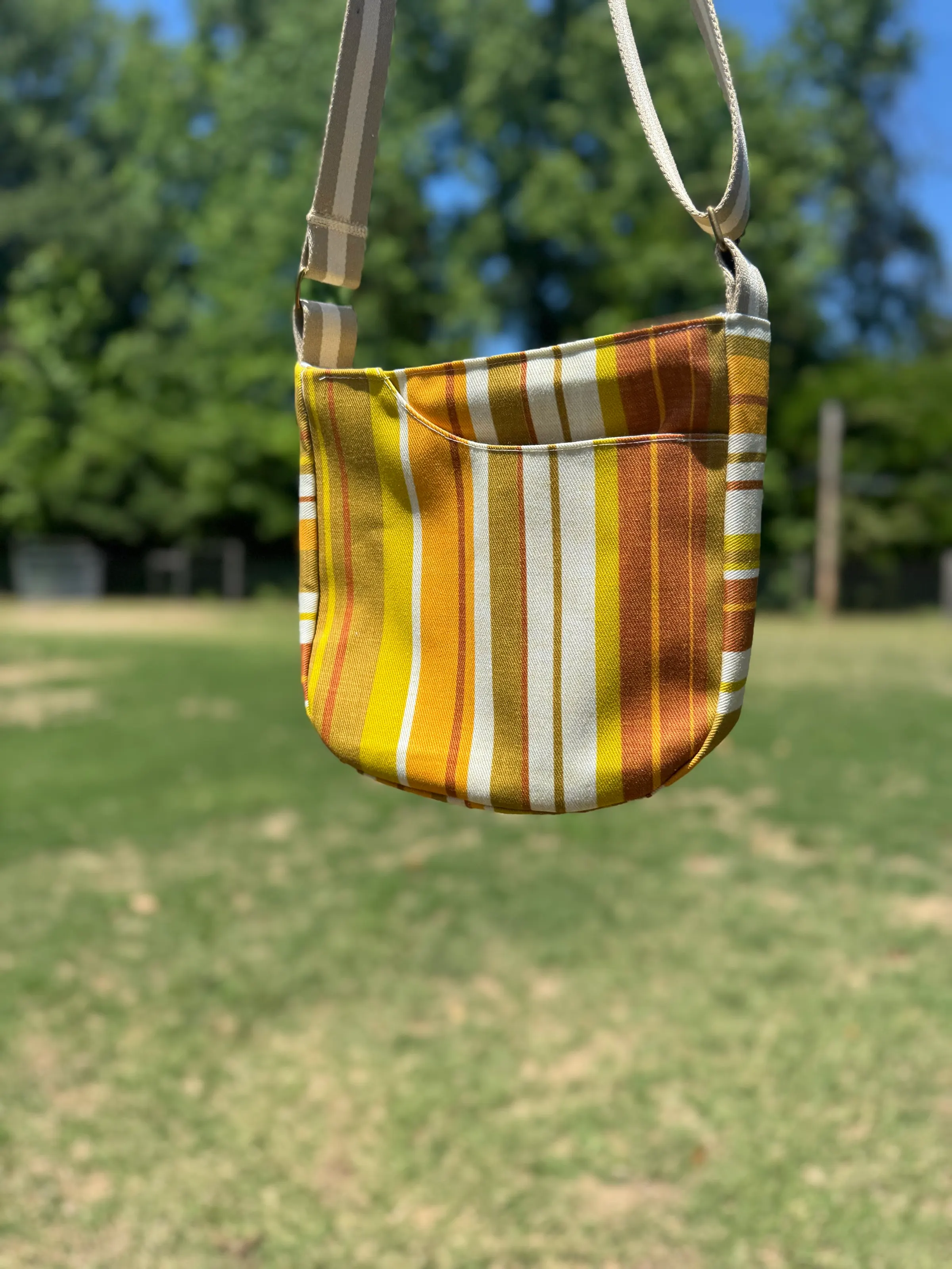 Cross Body Mini Tote - Brown Stripe — handmade canvas bag, cut and sewn by hand in South Carolina