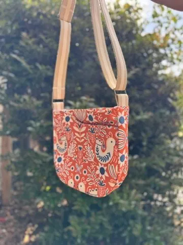 Cross Body Mini Tote - Red Orange Folk Floral — handmade canvas bag, cut and sewn by hand in South Carolina