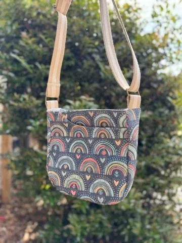 Cross Body Mini Tote - Charcoal Hearts Rainbows — handmade canvas bag, cut and sewn by hand in South Carolina