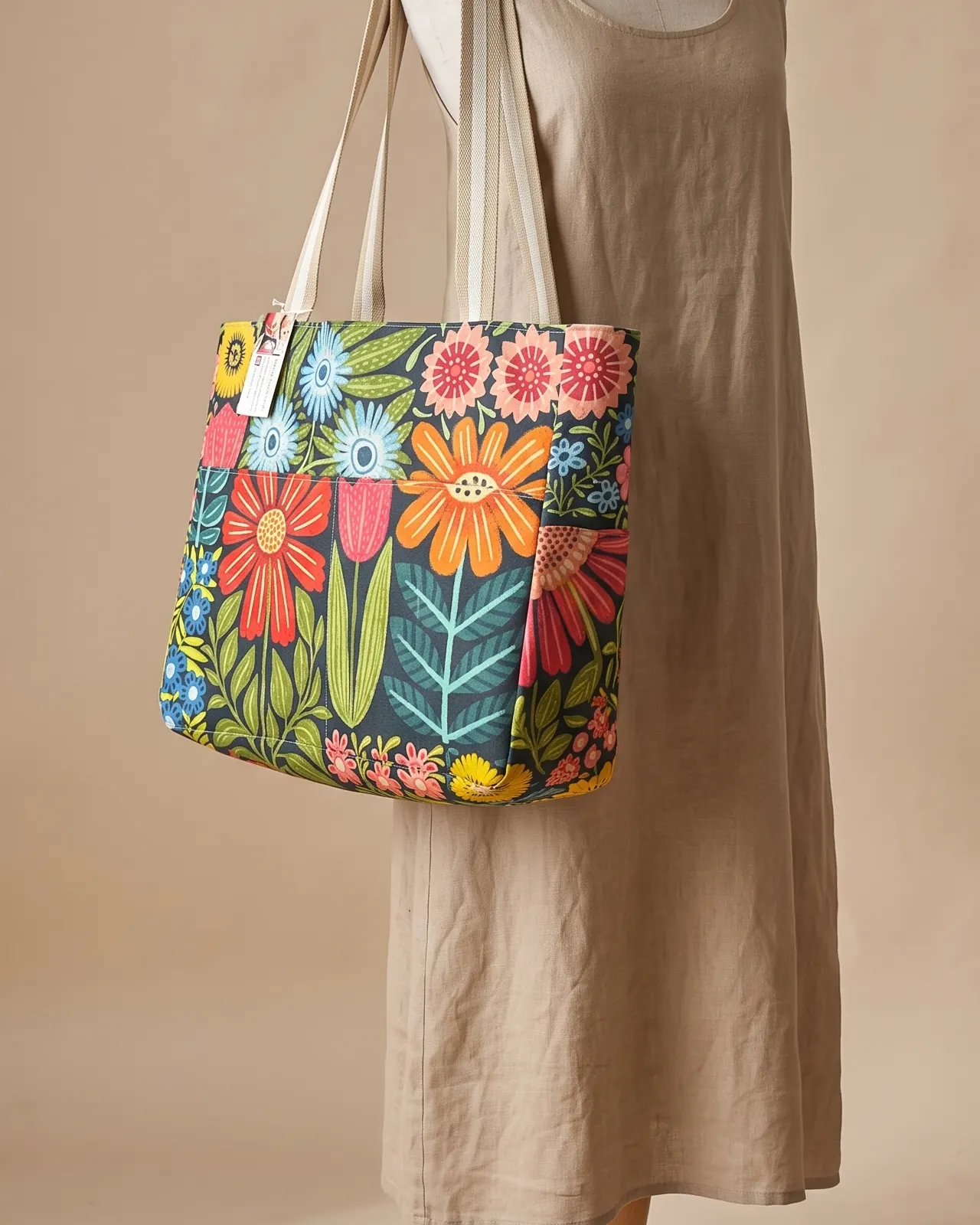 Large Tote Bag Zipper - Black Bold Floral worn on the shoulder on a display form