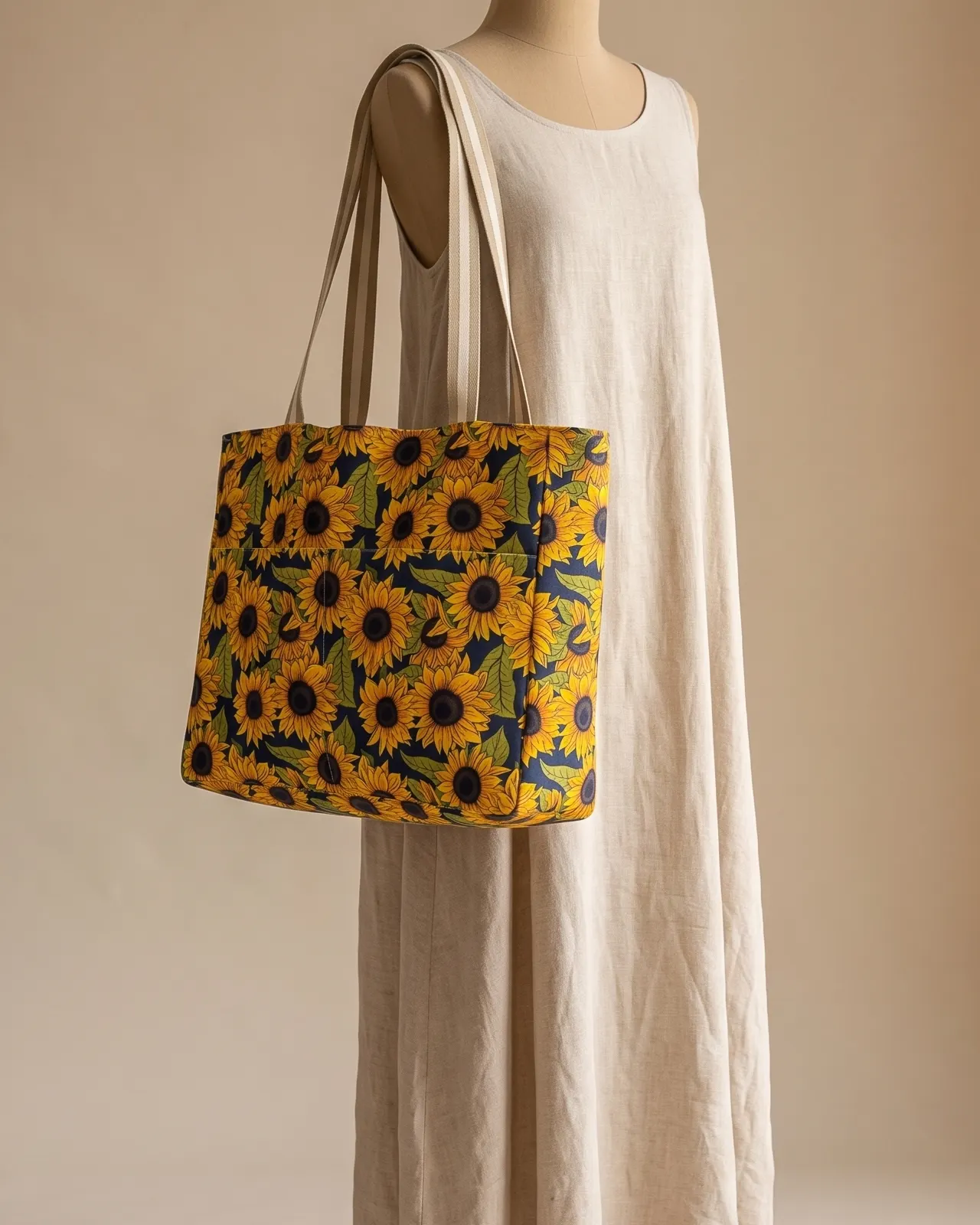 Large Tote Bag Zipper - Yellow Sunflowers worn on the shoulder on a display form