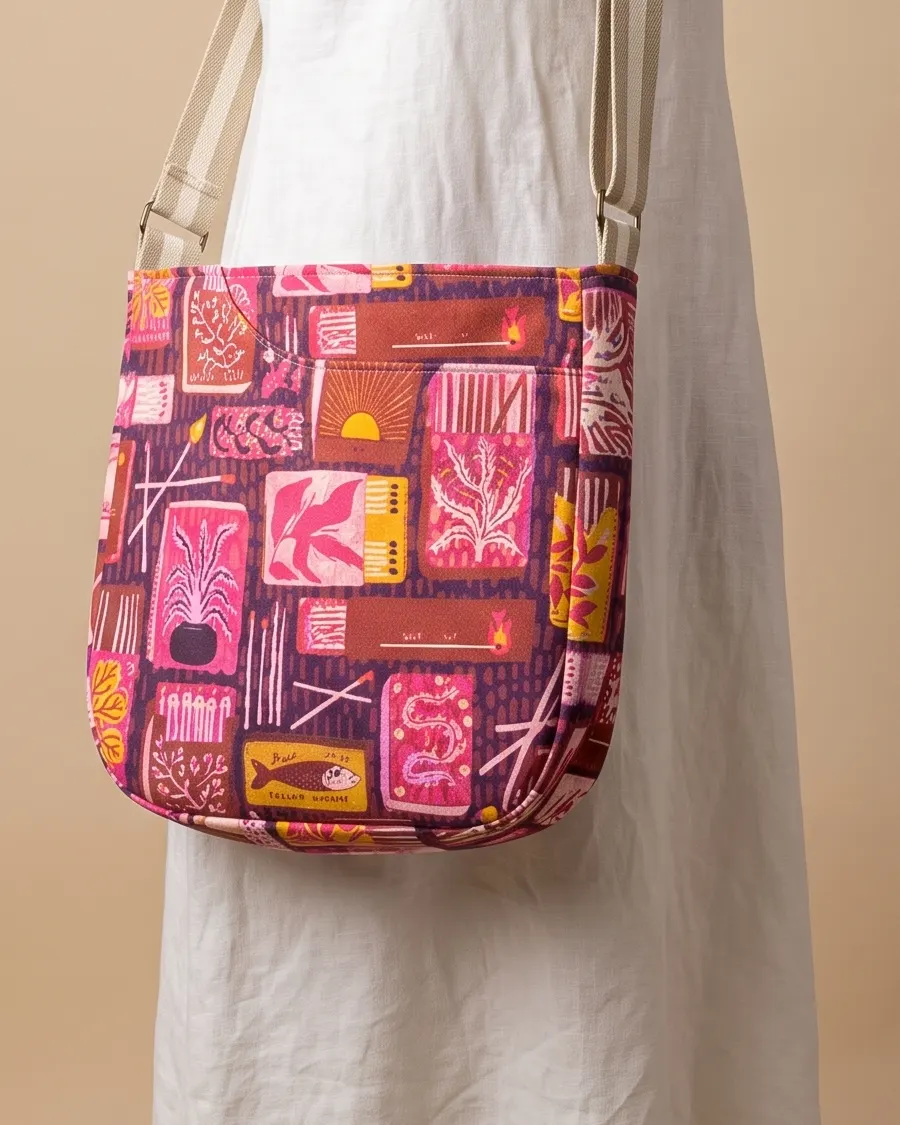 CrossBody Handbag - Pink Geometric Patchwork worn crossbody on a display form