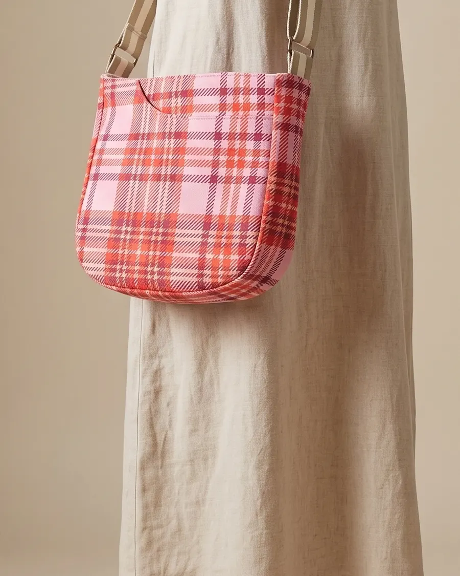 CrossBody Handbag - Pink Red Plaid worn crossbody on a display form
