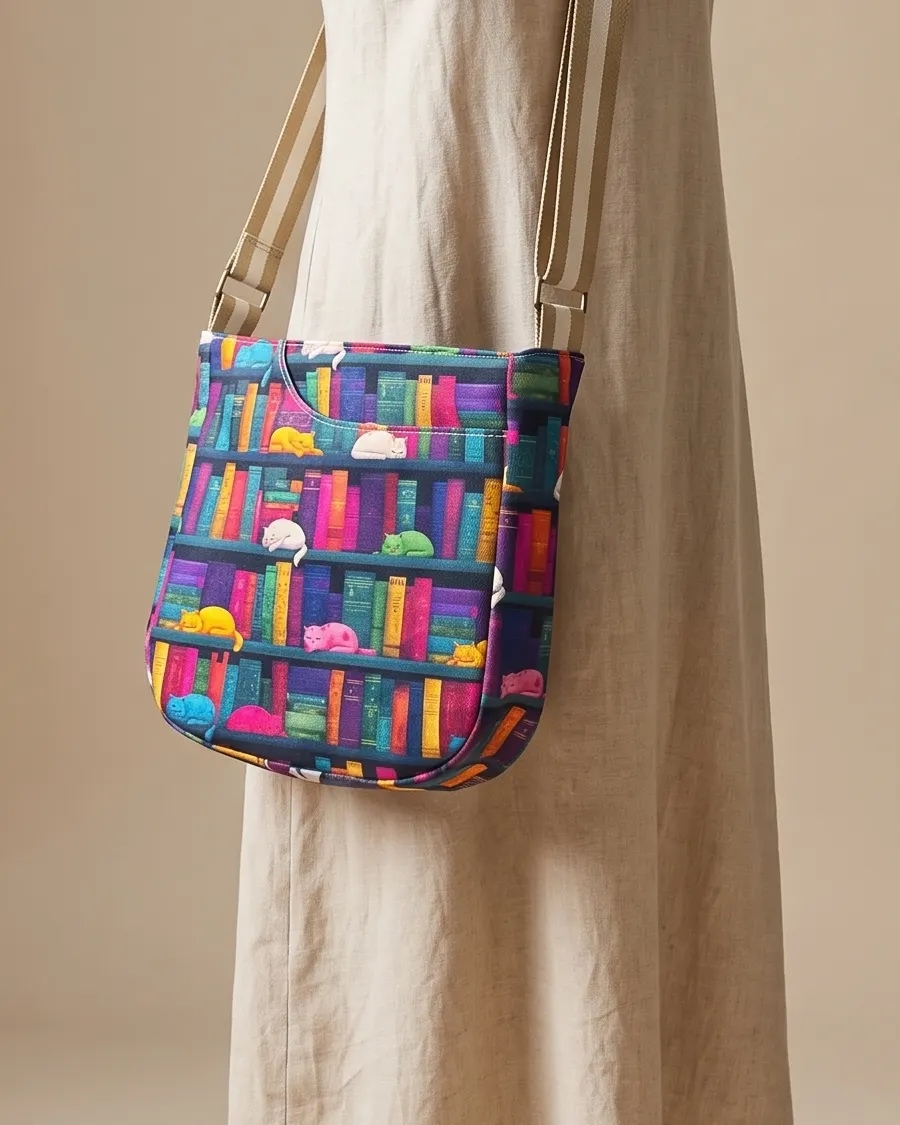 CrossBody Handbag - Navy Library Cats worn crossbody on a display form