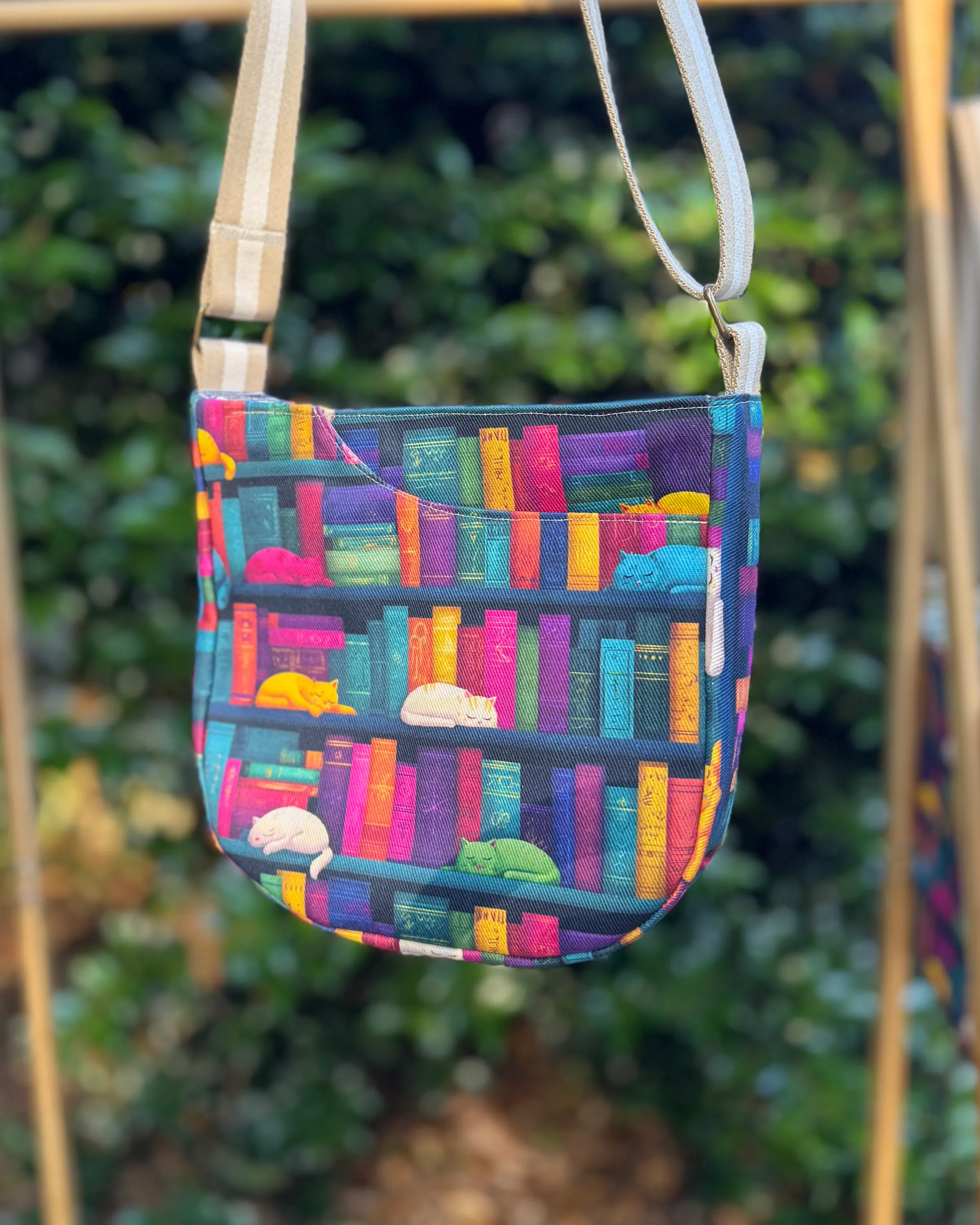Cross Body Mini Tote - Navy Library Cats — handmade canvas bag, cut and sewn by hand in South Carolina