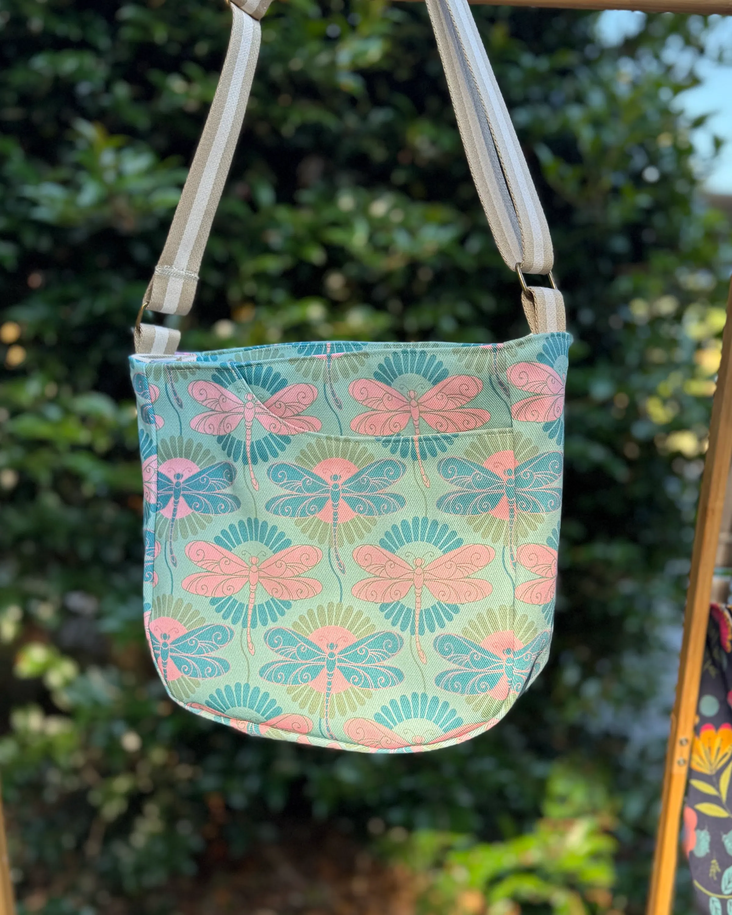 CrossBody Handbag - Mint Pink Dragonfly — handmade canvas bag, cut and sewn by hand in South Carolina