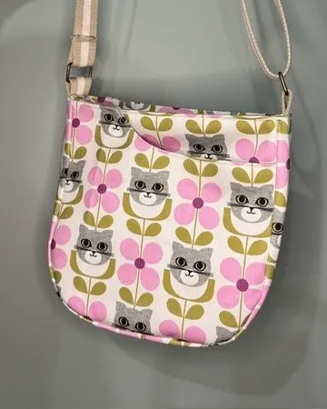 Cross Body Mini Tote - Pink Cat Tulip — handmade canvas bag, cut and sewn by hand in South Carolina