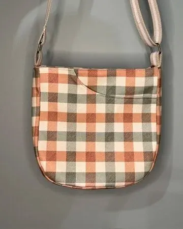 Cross Body Mini Tote - Brown Green Plaid — handmade canvas bag, cut and sewn by hand in South Carolina