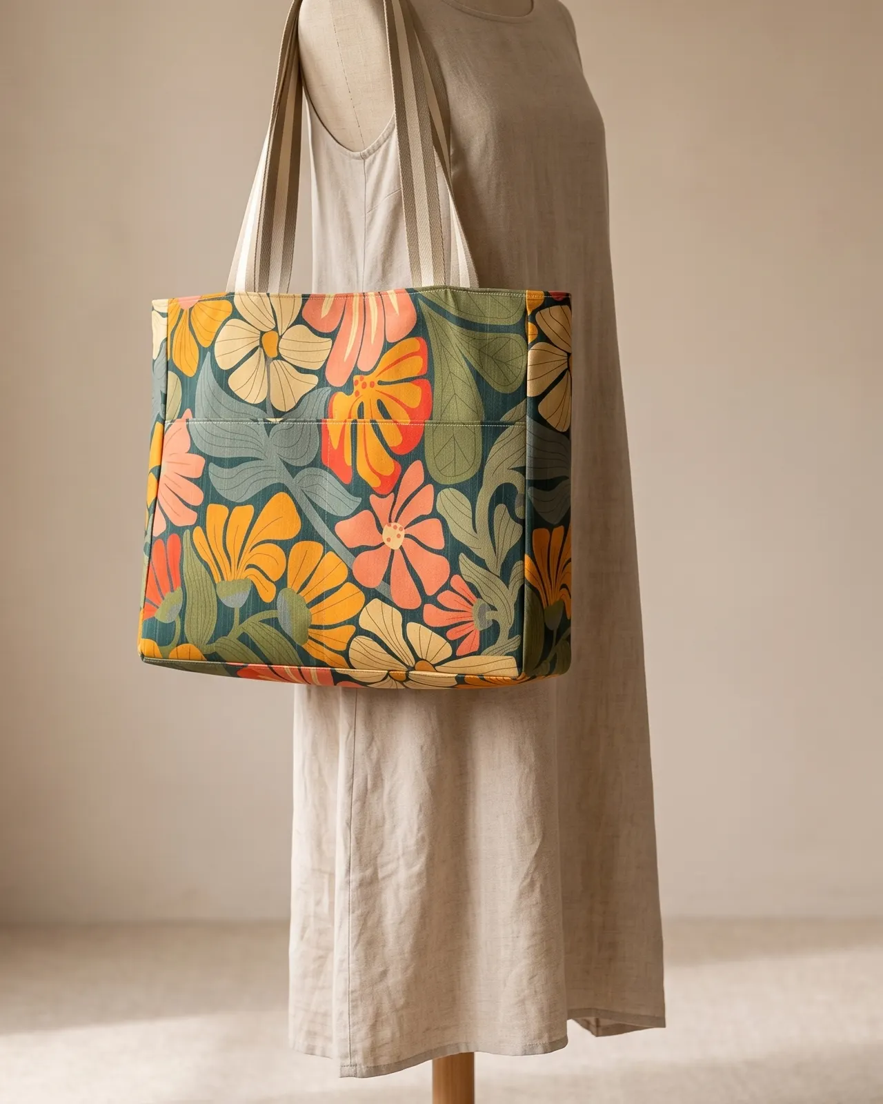 Large Tote Bag Zipper - Orange Teal Retro Floral worn on the shoulder on a display form