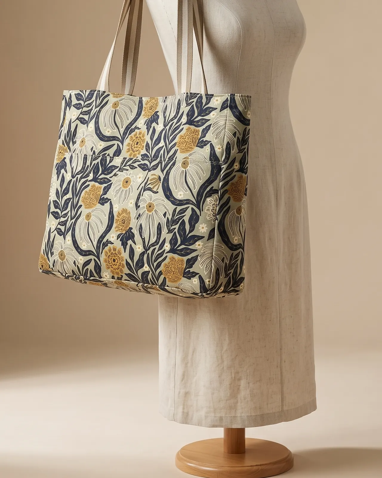 Large Tote Bag Zipper - Sage Mustard Coneflower worn on the shoulder on a display form