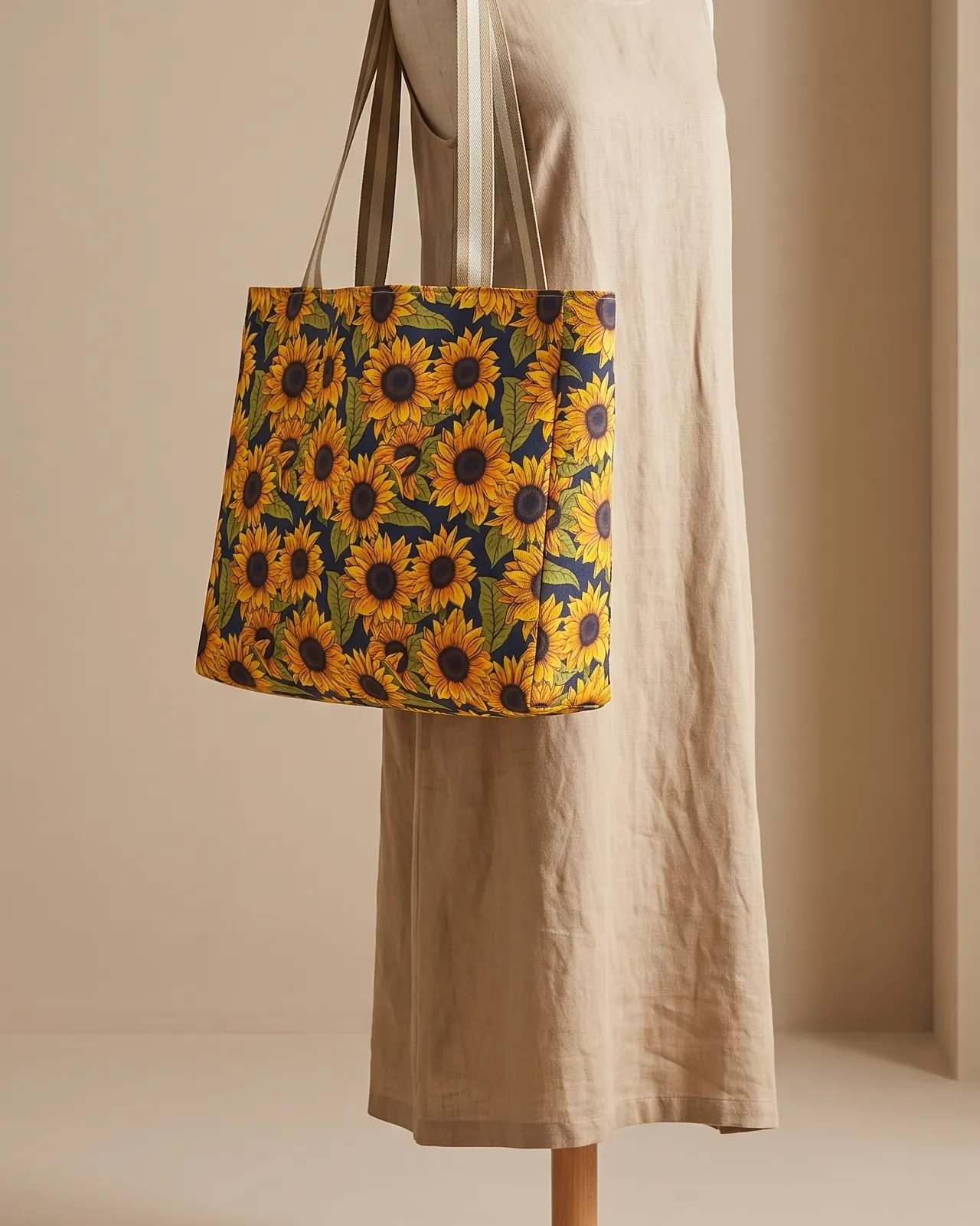 Large Tote Bag - Navy Sunflowers worn on the shoulder on a display form