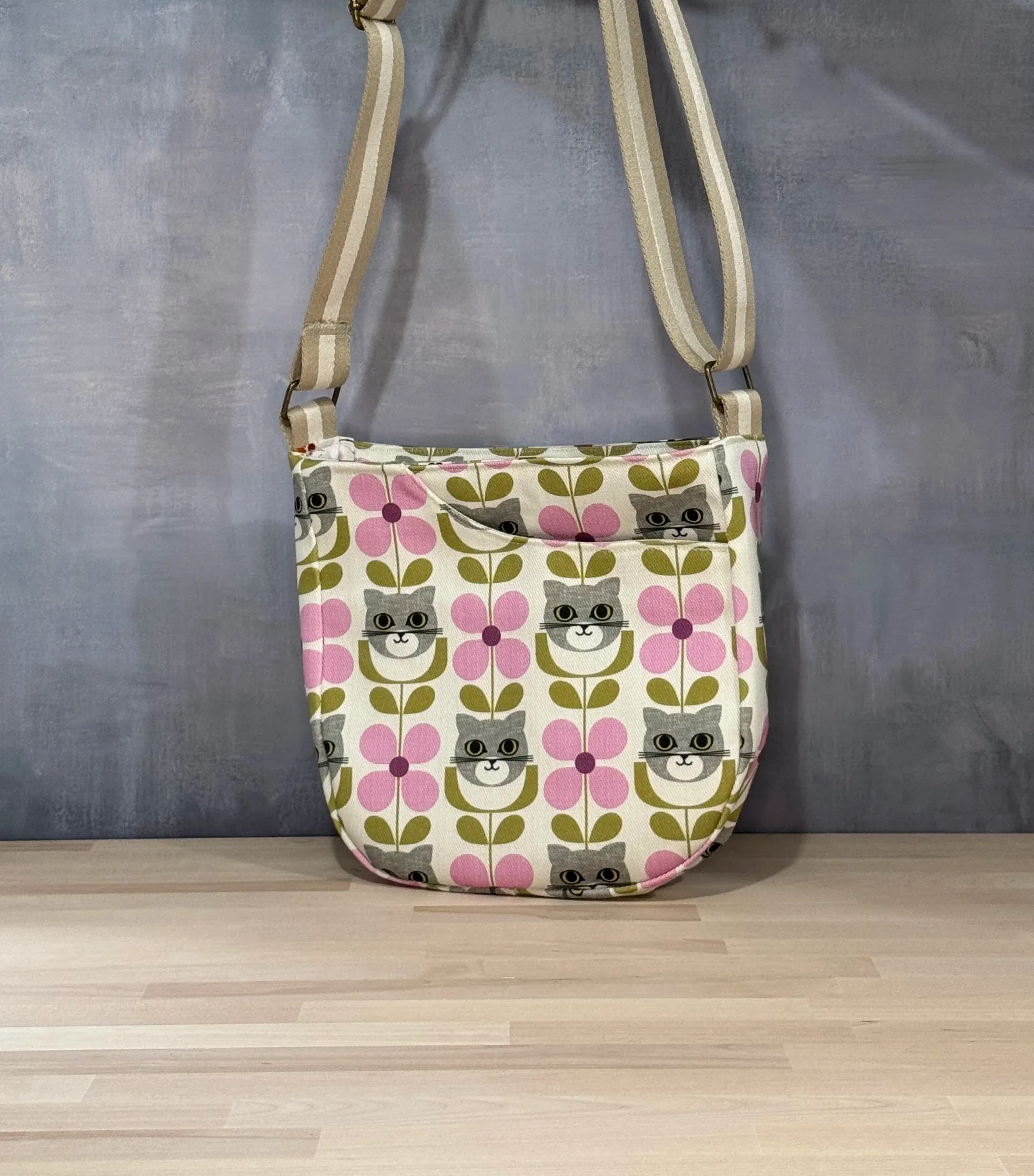 Cross Body Mini Tote - Olive Pink Cat Tulip — handmade canvas bag, cut and sewn by hand in South Carolina