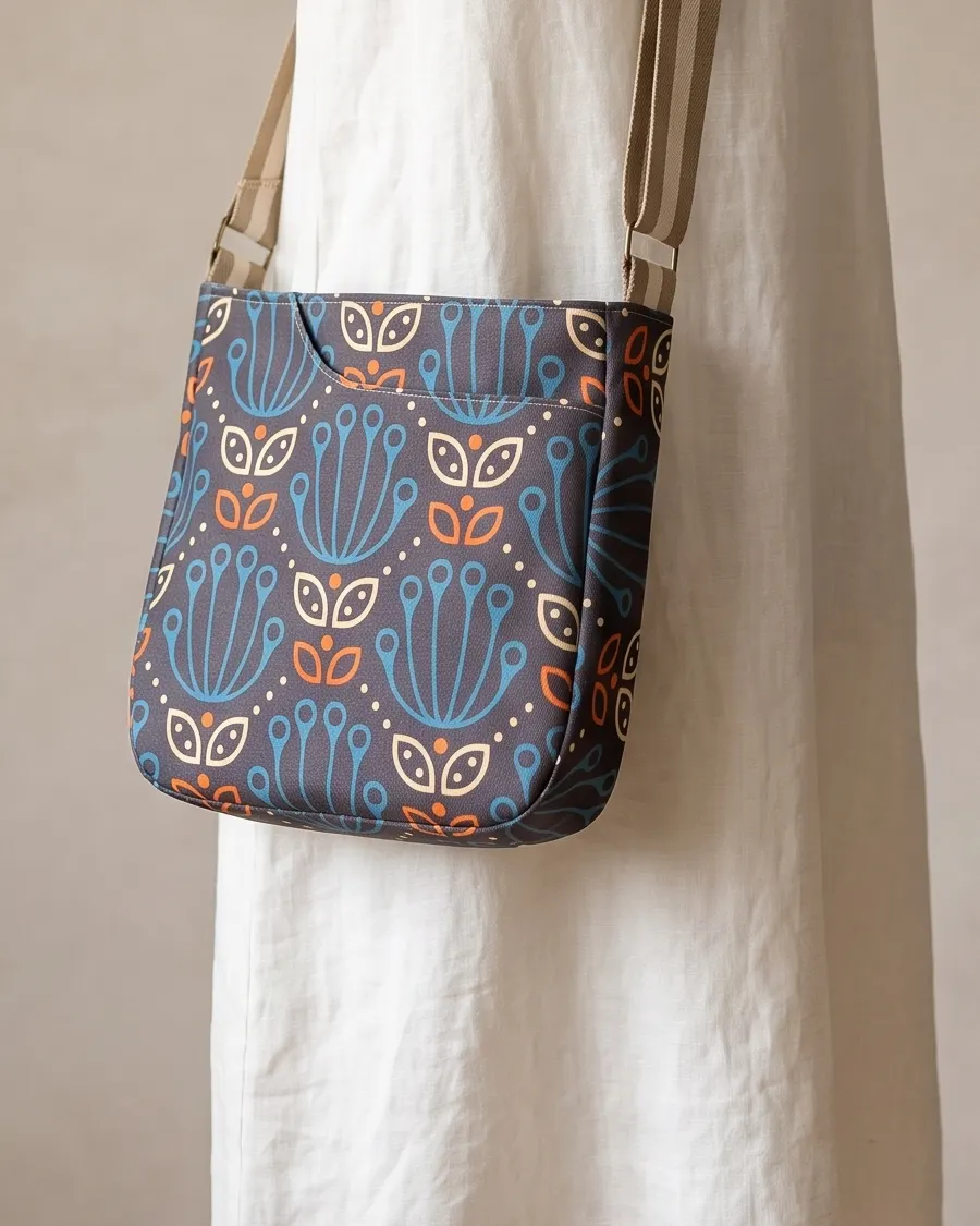 CrossBody Handbag - Charcoal Blue Tulip worn crossbody on a display form