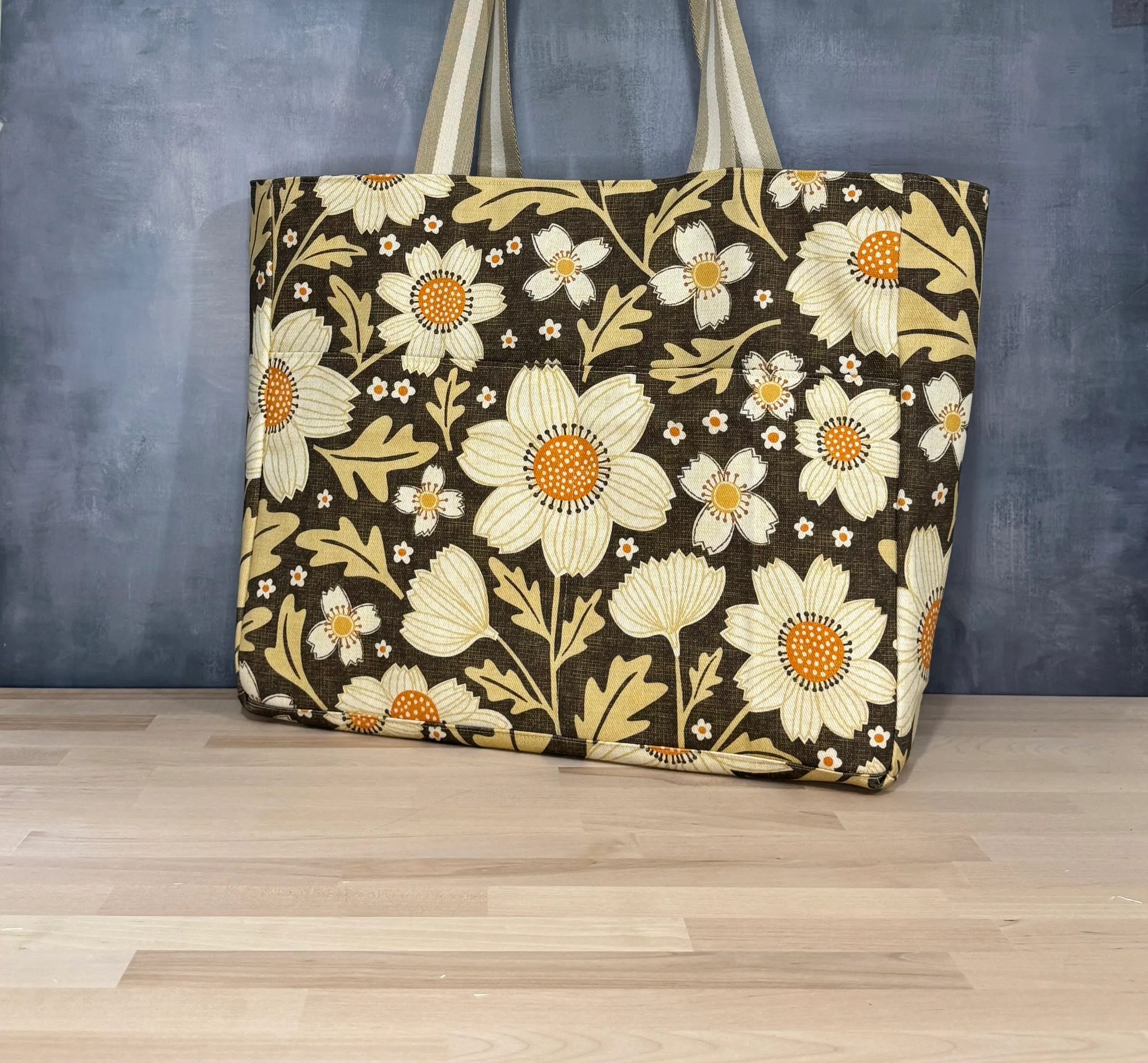 Large Tote Bag - Brown Retro Daisy — handmade canvas bag, cut and sewn by hand in South Carolina
