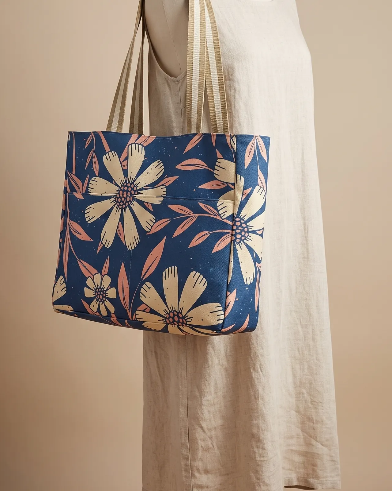 Large Tote Bag - Navy Daisy worn on the shoulder on a display form