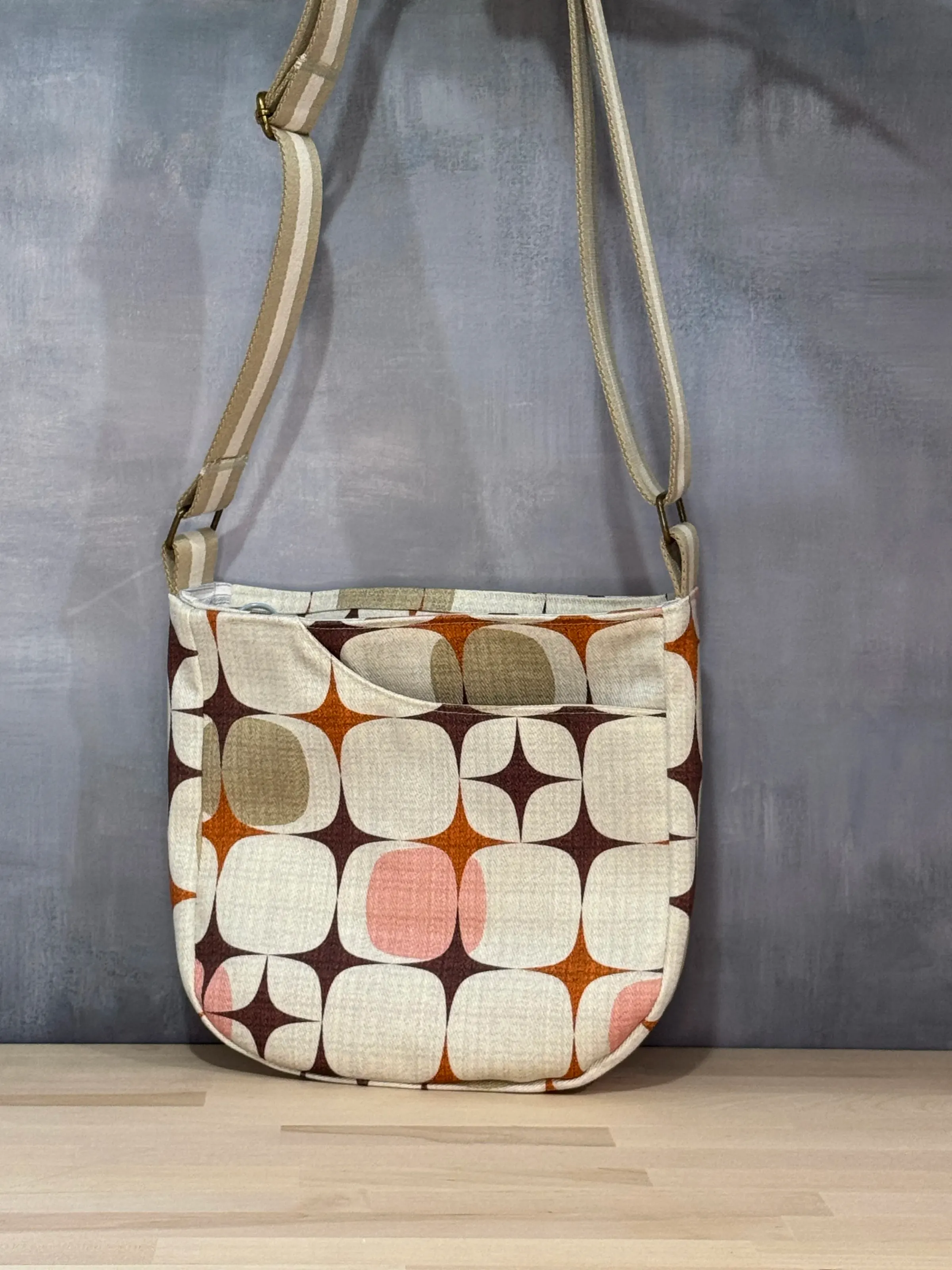 Cross Body Mini Tote - Cream Brown Geometric — handmade canvas bag, cut and sewn by hand in South Carolina