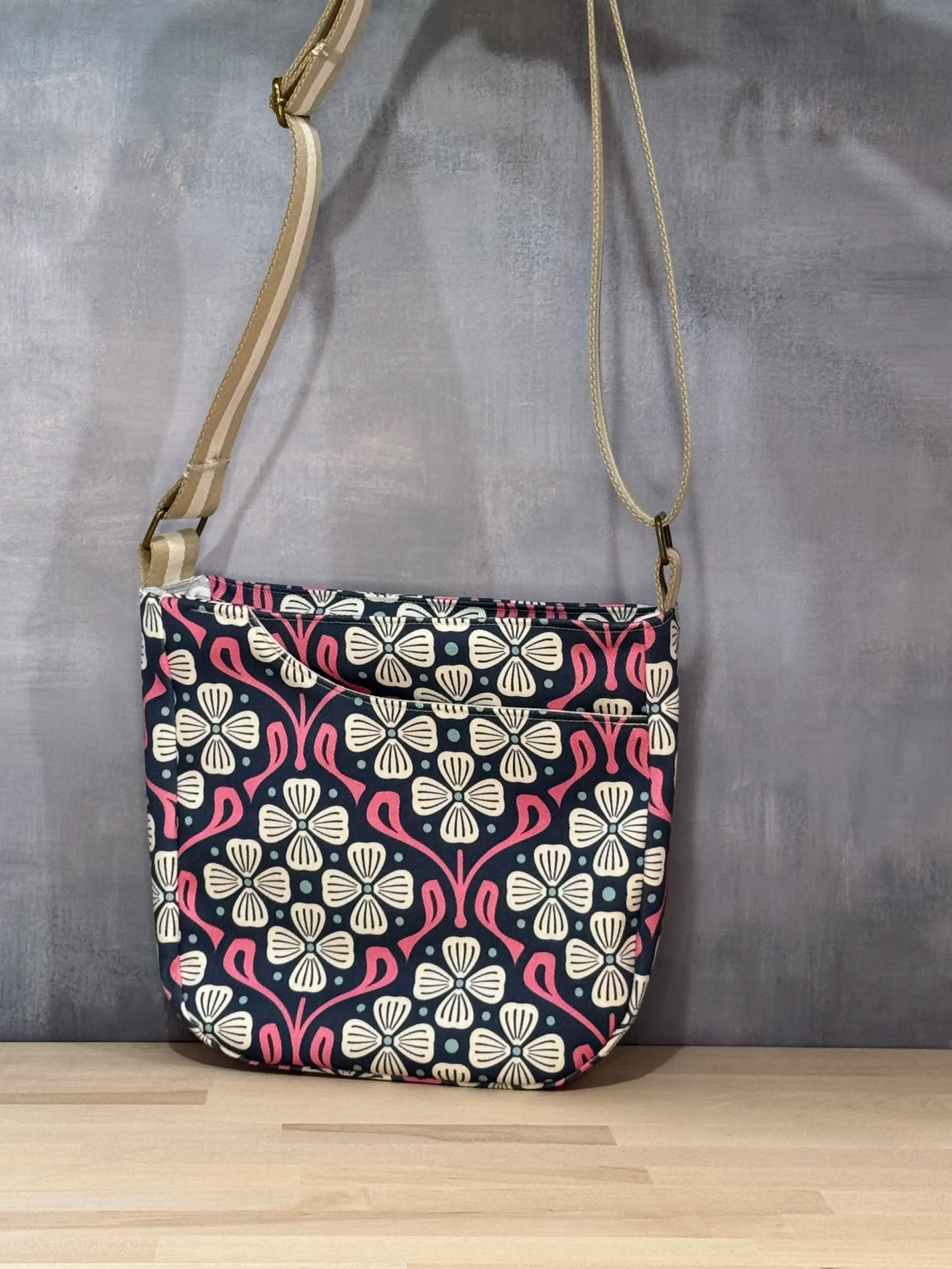 Cross Body Mini Tote - Cream Navy Pink Floral — handmade canvas bag, cut and sewn by hand in South Carolina