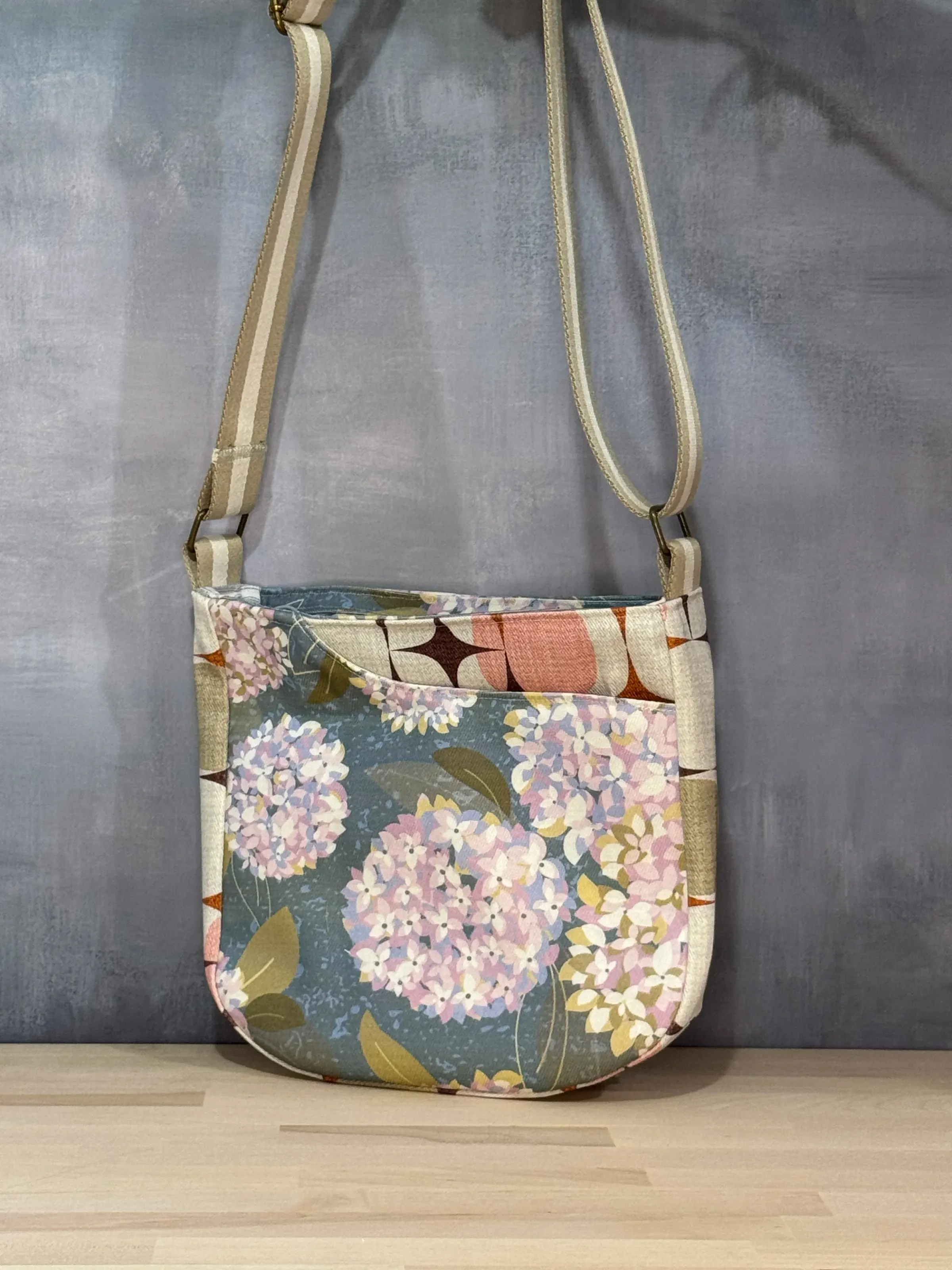 Cross Body Mini Tote - Blue Pink Hydrangea — handmade canvas bag, cut and sewn by hand in South Carolina