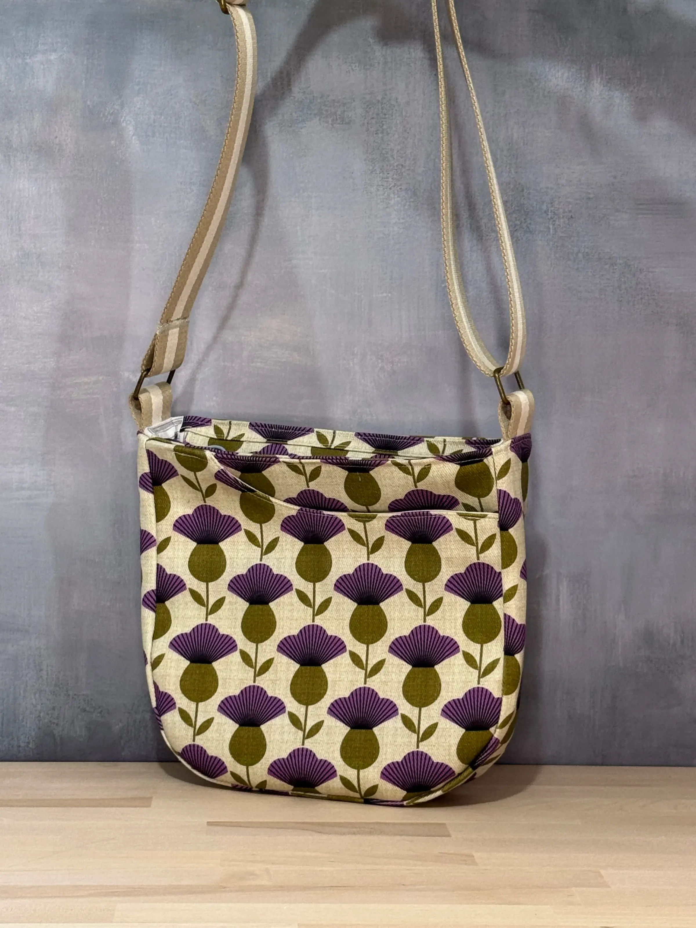 Cross Body Mini Tote - Cream Purple Thistle — handmade canvas bag, cut and sewn by hand in South Carolina