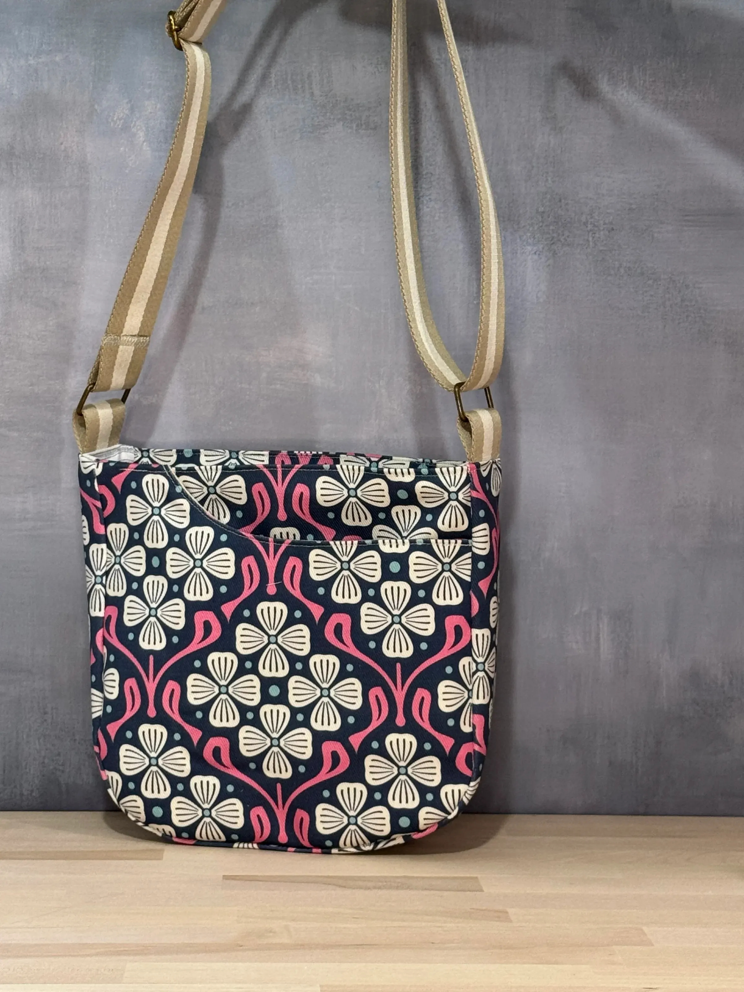 Cross Body Mini Tote - Navy Cream Floral — handmade canvas bag, cut and sewn by hand in South Carolina