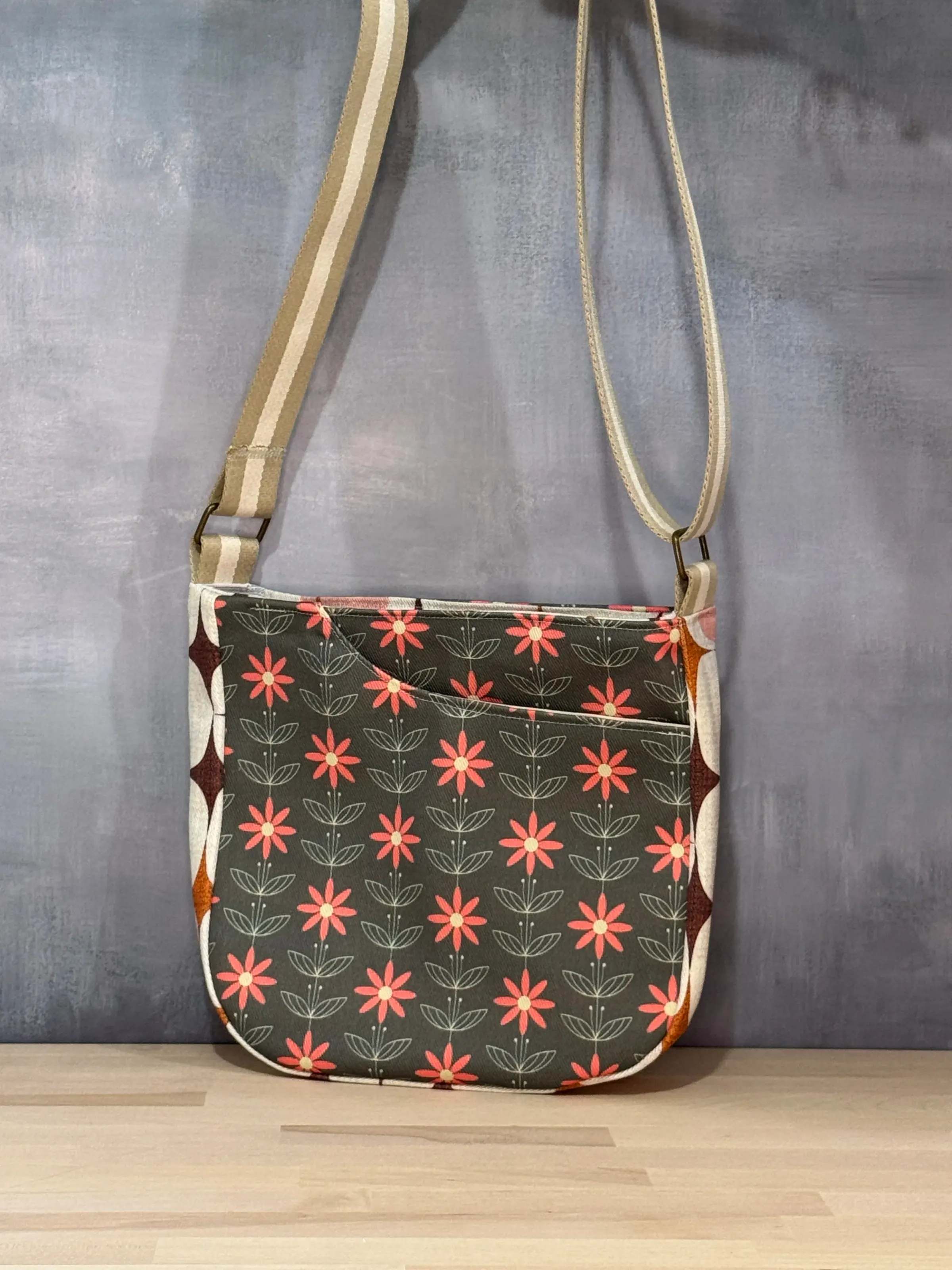 Cross Body Mini Tote - Charcoal Retro Daisy — handmade canvas bag, cut and sewn by hand in South Carolina
