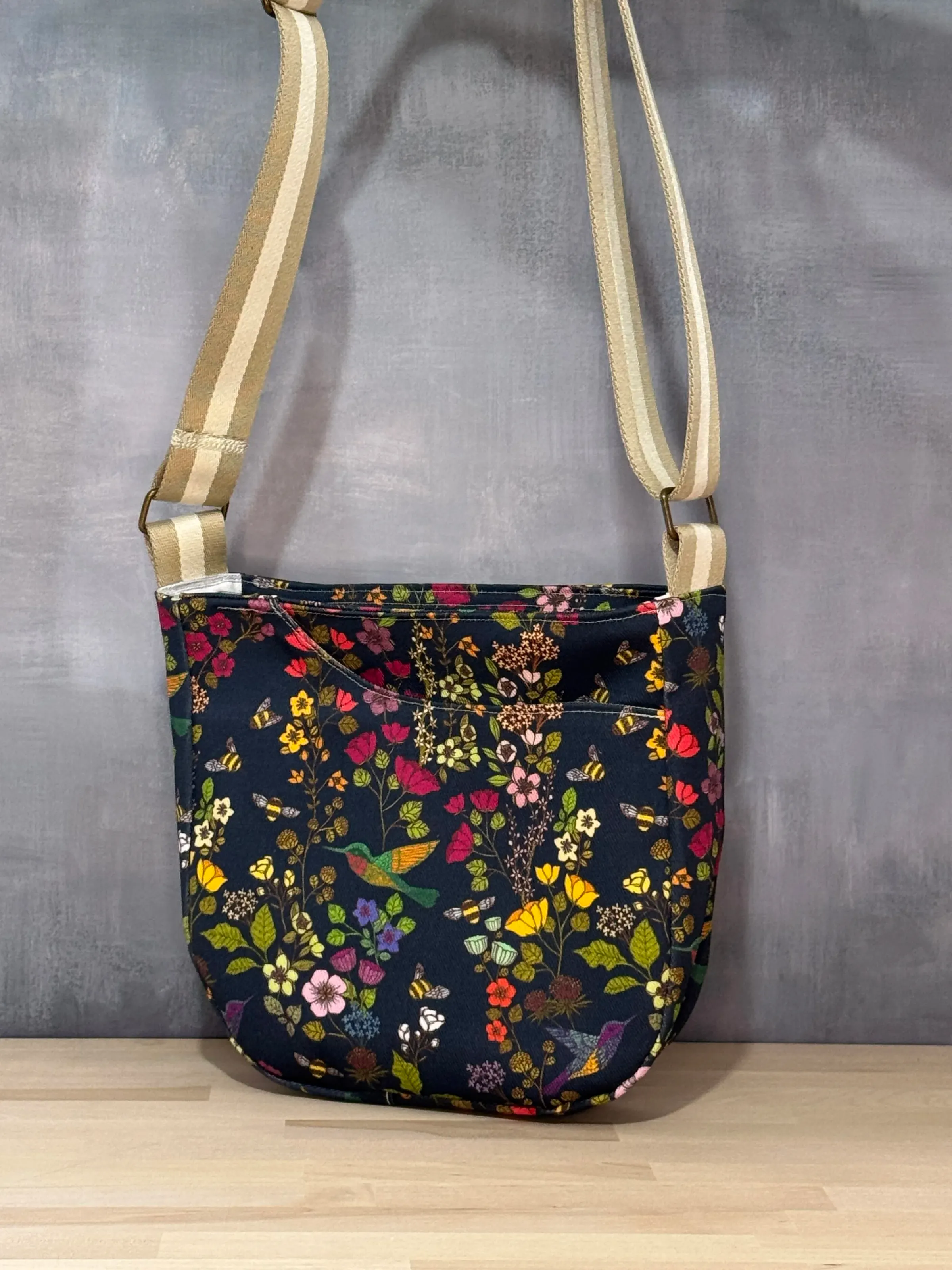 Cross Body Mini Tote - Bees Navy Hummingbird Floral — handmade canvas bag, cut and sewn by hand in South Carolina