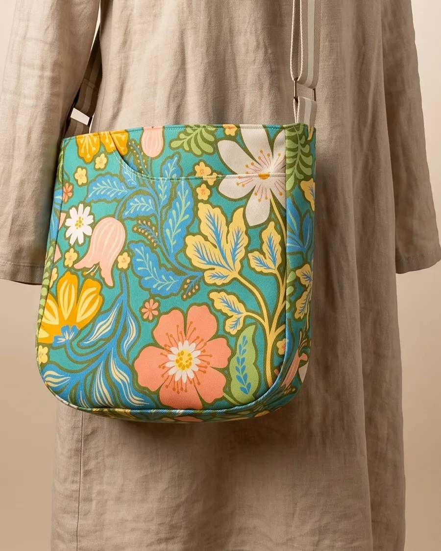 CrossBody Handbag - Teal Retro Floral worn crossbody on a display form