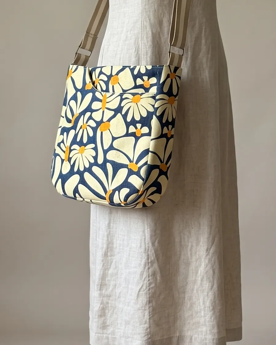 CrossBody Handbag - Navy Retro Daisy worn crossbody on a display form