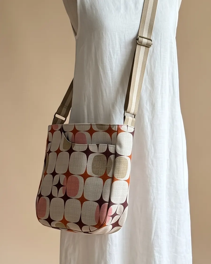 CrossBody Handbag - Cream Retro Geometric worn crossbody on a display form