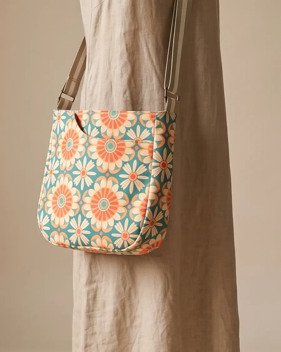 CrossBody Handbag - Orange Teal Retro Daisy worn crossbody on a display form