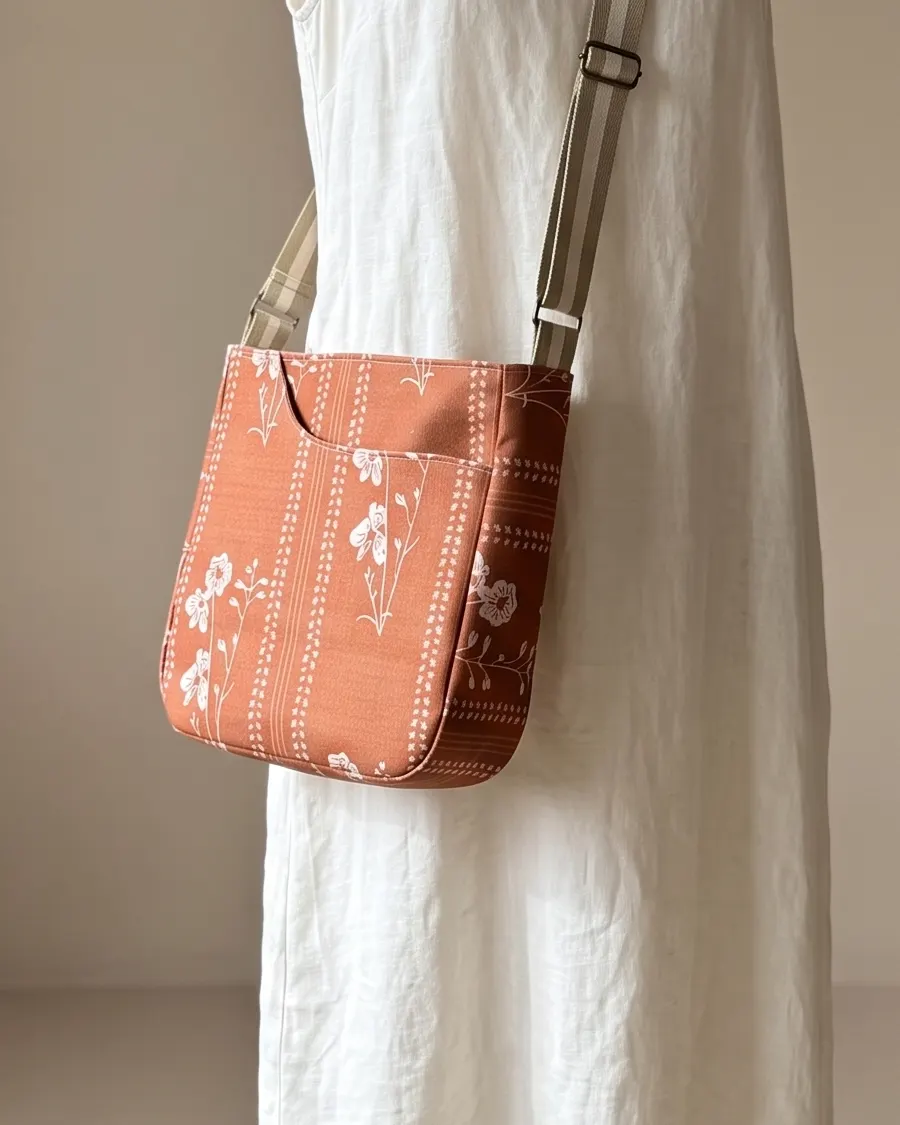 CrossBody Handbag - Brown Floral Stripe worn crossbody on a display form