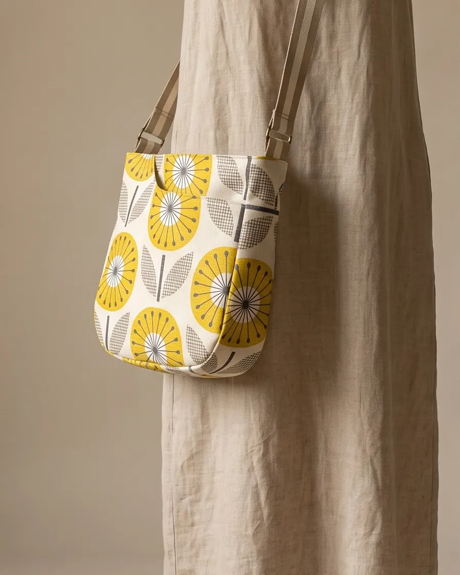 CrossBody Handbag - Cream Mid Mod Floral worn crossbody on a display form