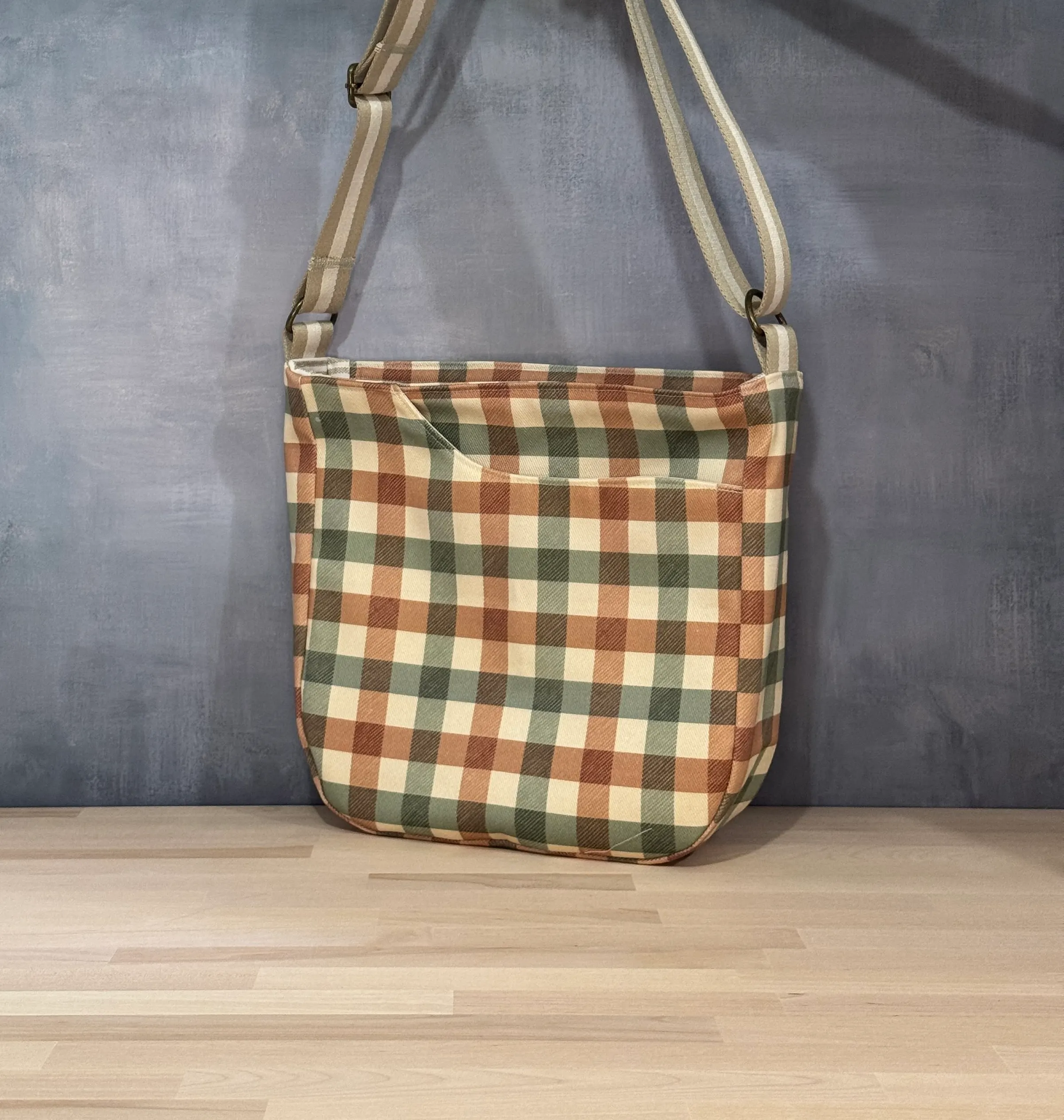 CrossBody Handbag - Brown Green Plaid — handmade canvas bag, cut and sewn by hand in South Carolina