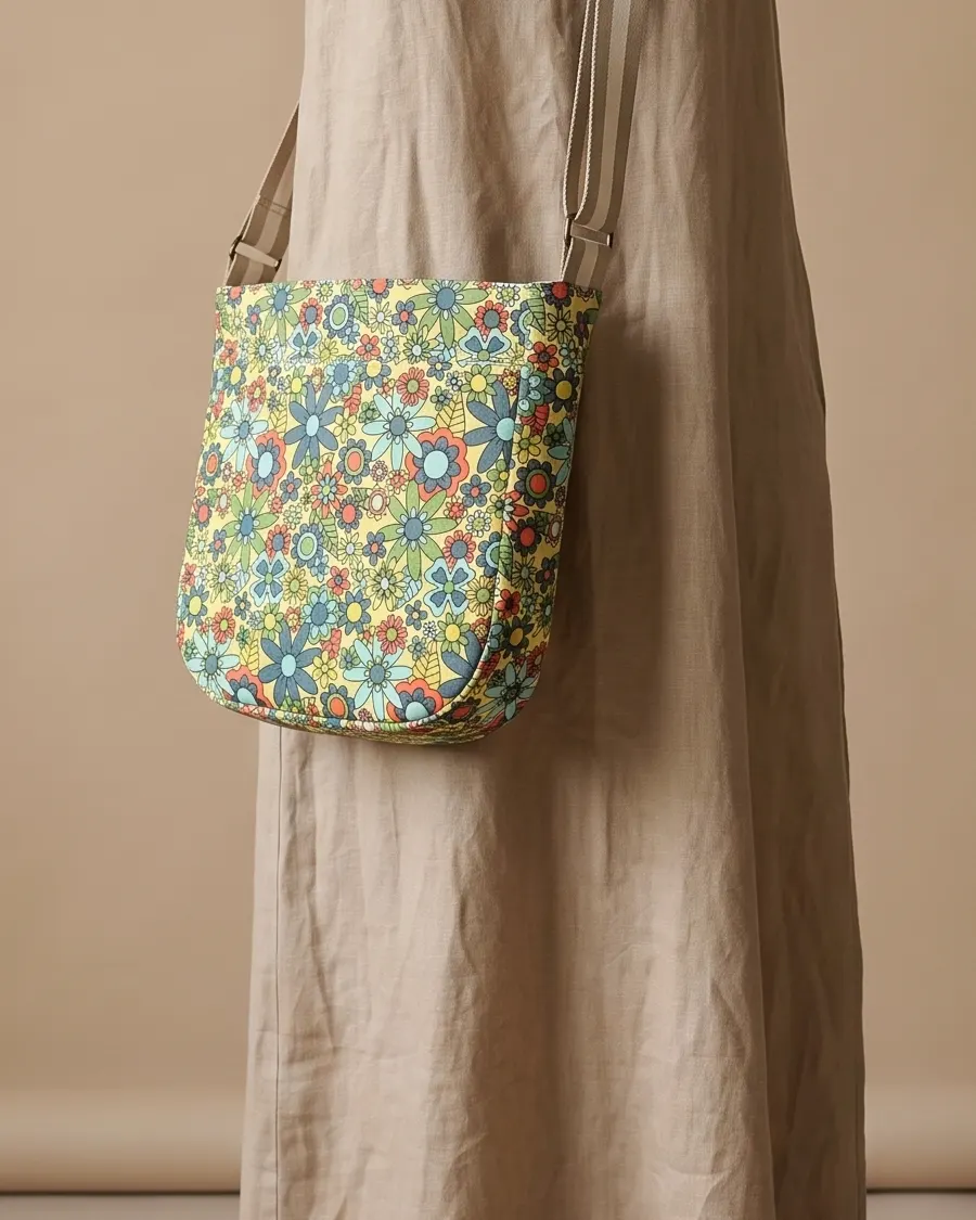 CrossBody Handbag - Retro Yellow Floral worn crossbody on a display form