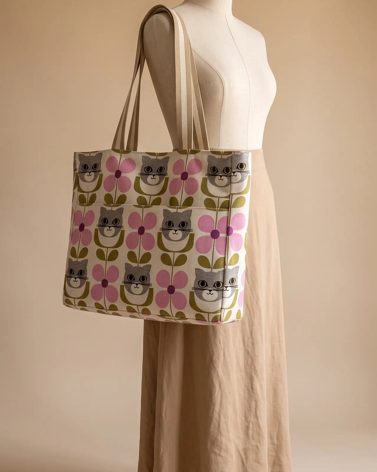Large Tote Bag Zipper - Cat Tulip Floral worn on the shoulder on a display form