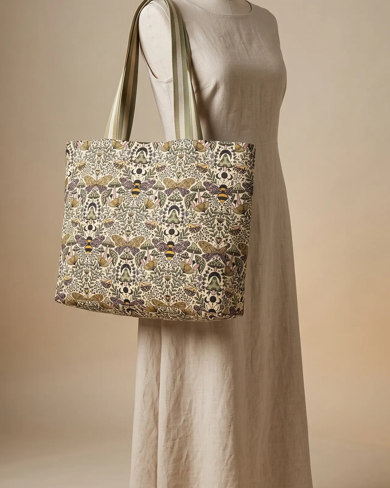 Large Tote Bag Zipper - Bumble Bee Moth Garden worn on the shoulder on a display form