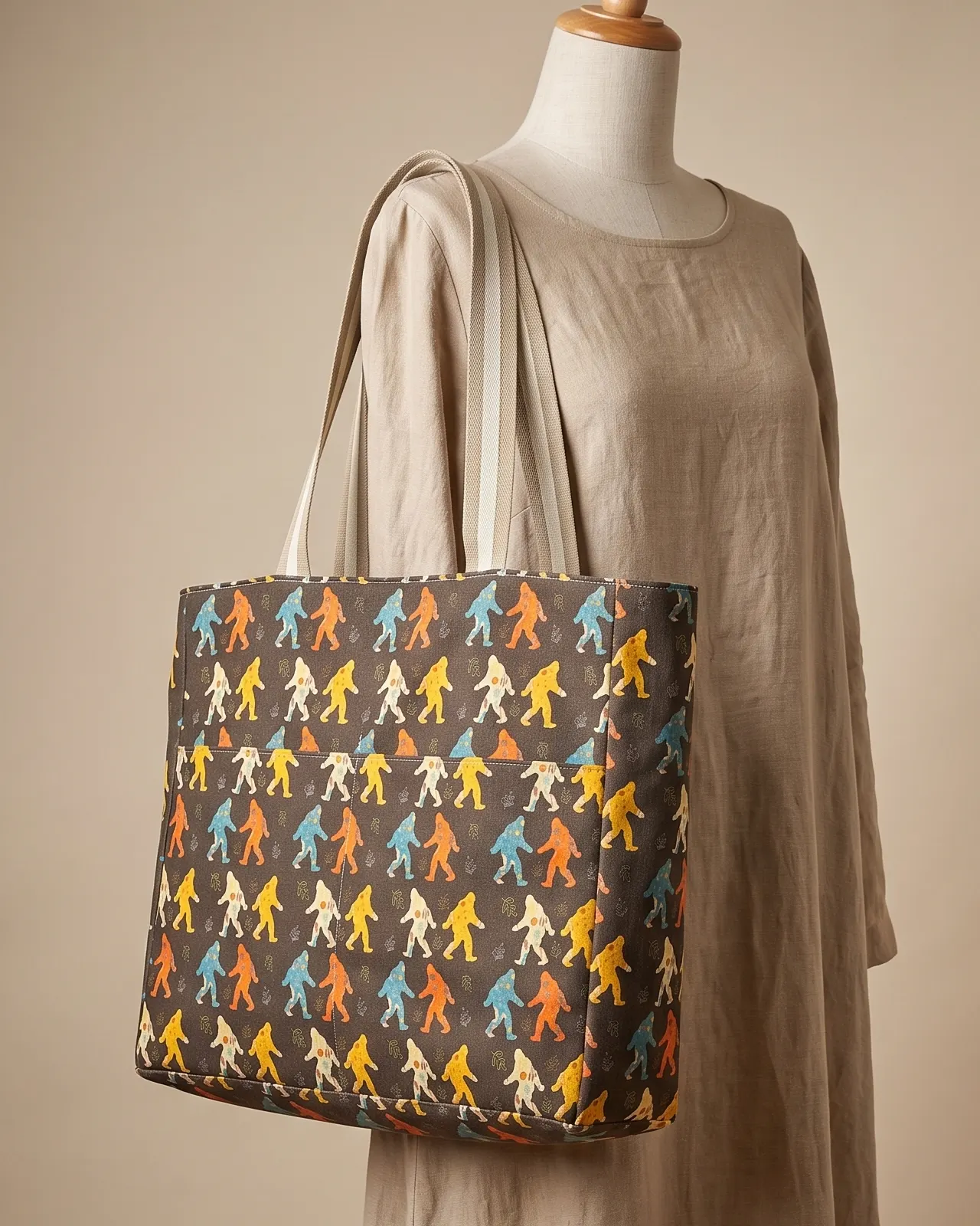 Large Tote Bag - Brown Bigfoot worn on the shoulder on a display form