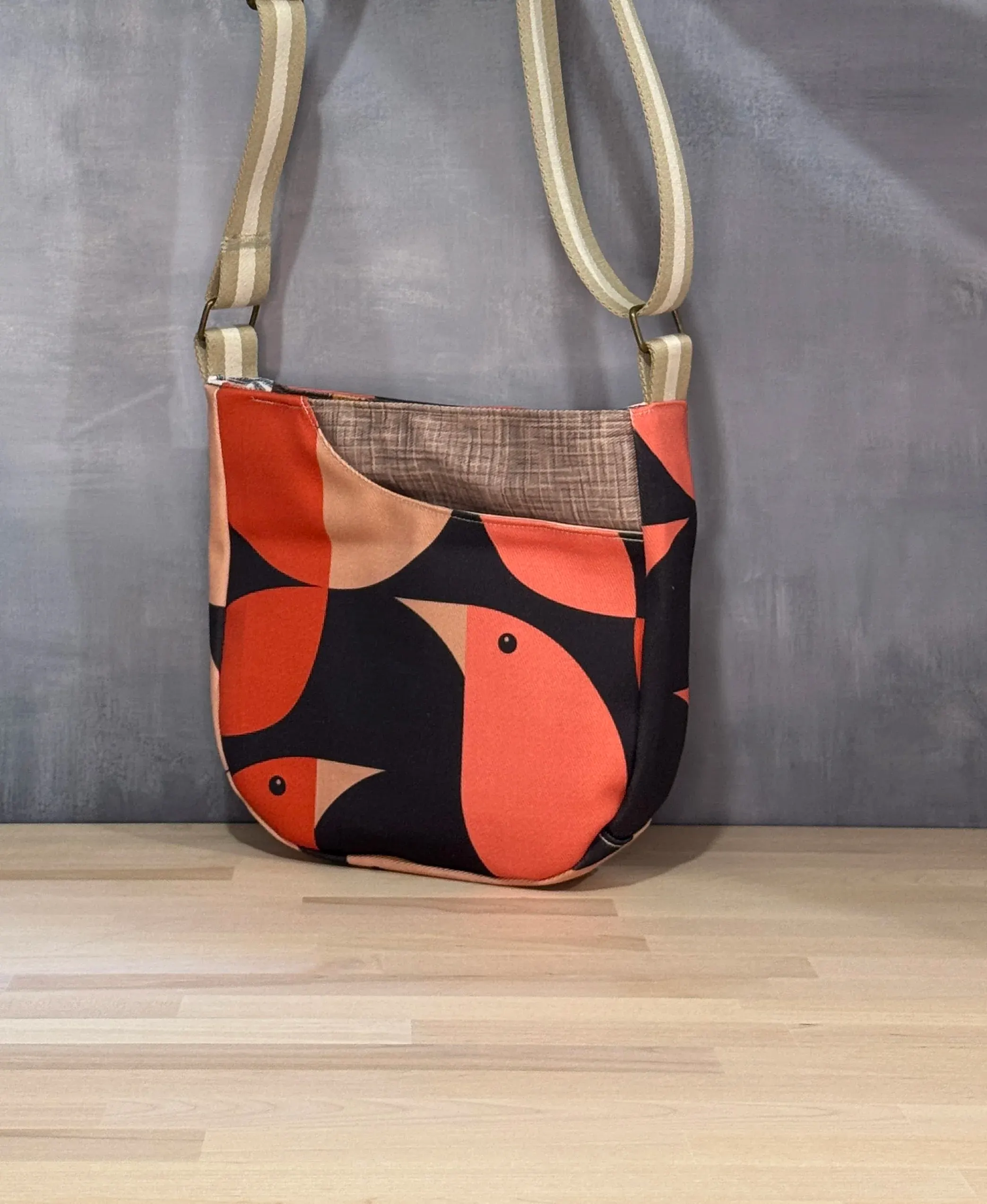 Cross Body Mini Tote - Black Orange Birds — handmade canvas bag, cut and sewn by hand in South Carolina