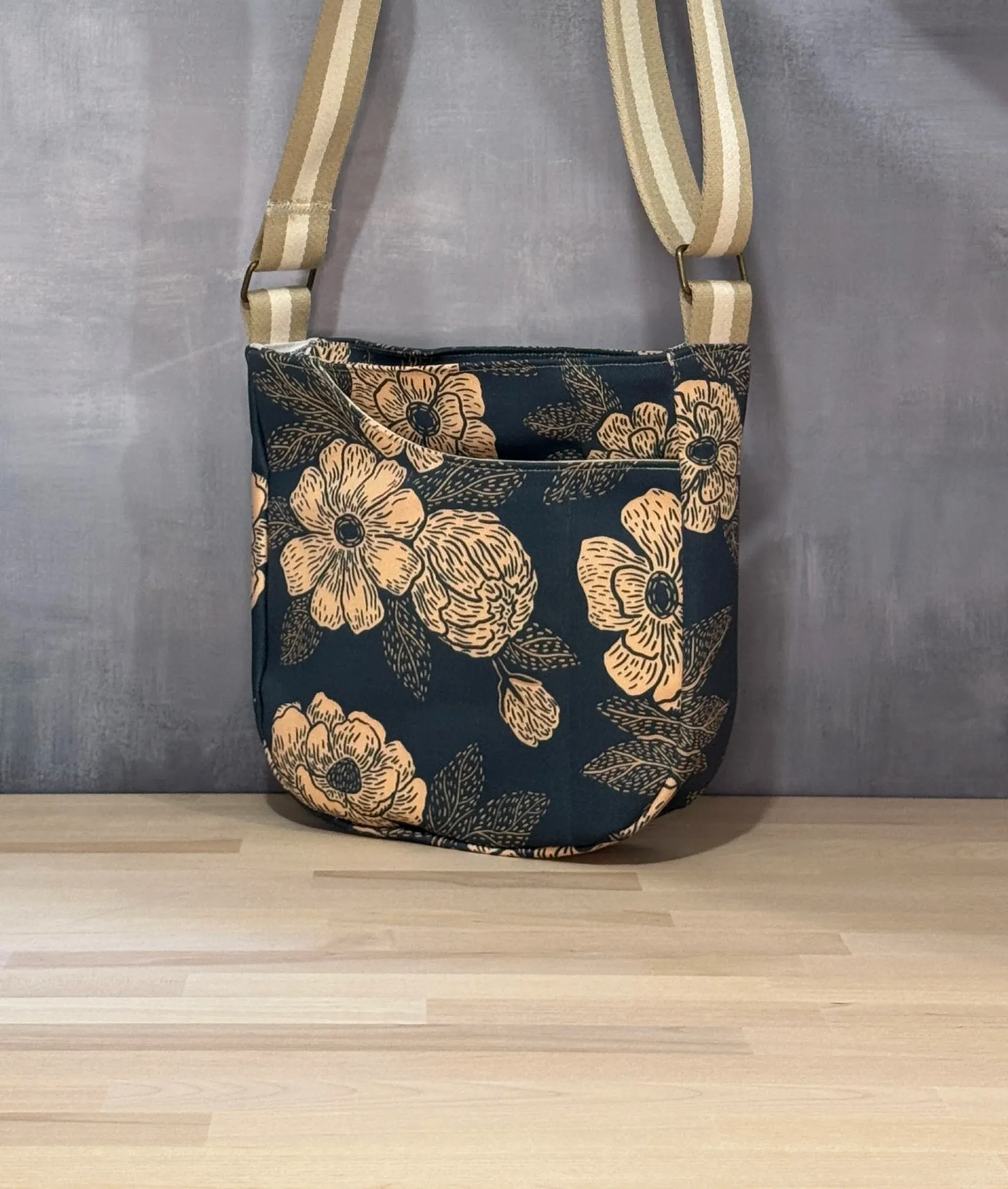 Cross Body Mini Tote - Tan Navy Floral — handmade canvas bag, cut and sewn by hand in South Carolina